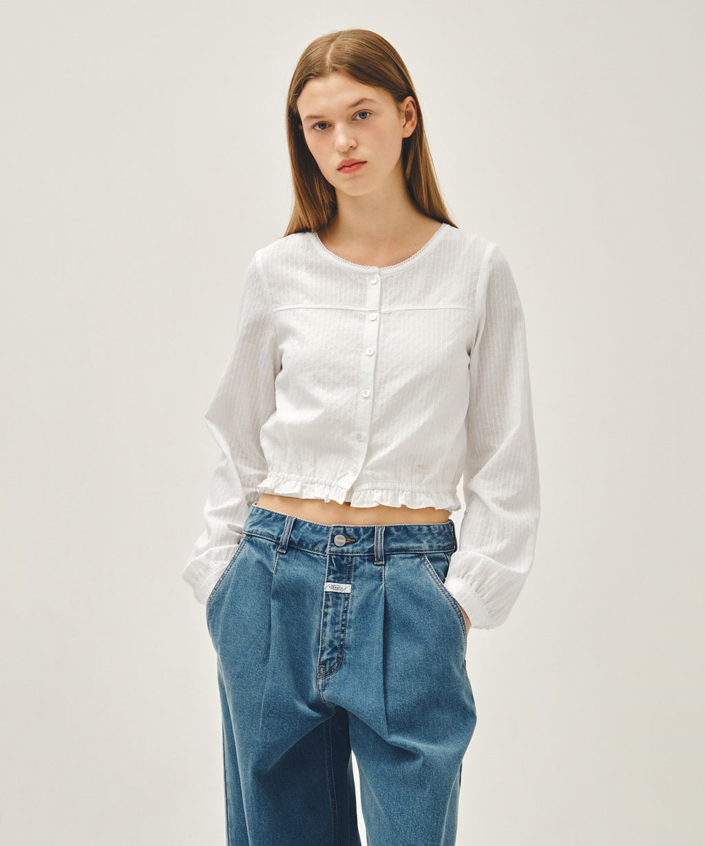 Marithe & Francois Girbaud - Lace Shirring Crop Blouse (White) product image 1 | TRAB K-Fashion Australia