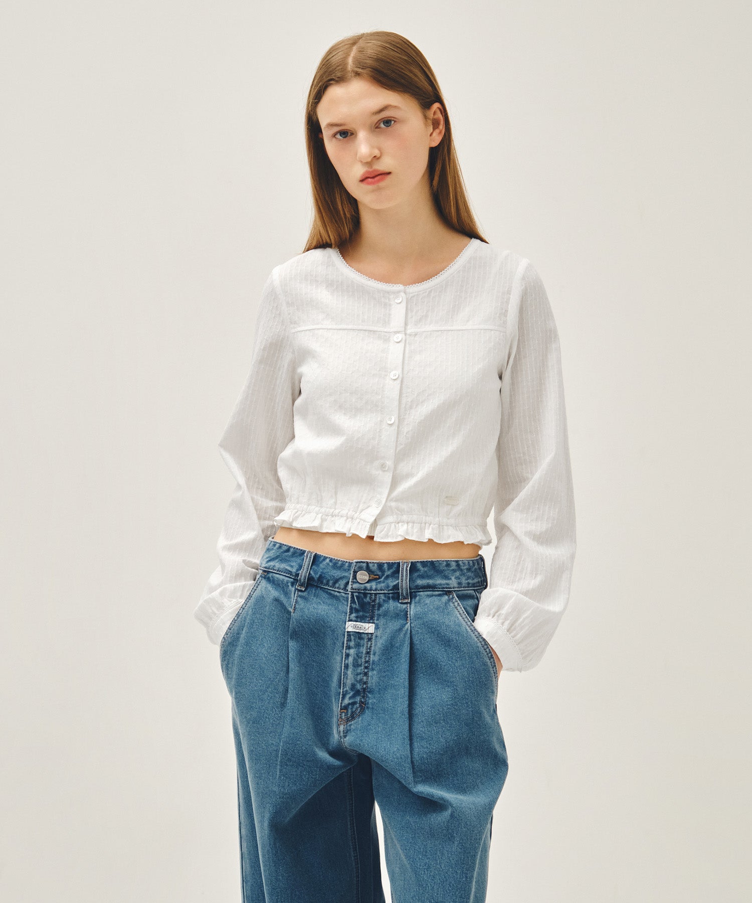 Marithe & Francois Girbaud - Lace Shirring Crop Blouse (White) product image 1 | TRAB K-Fashion Australia