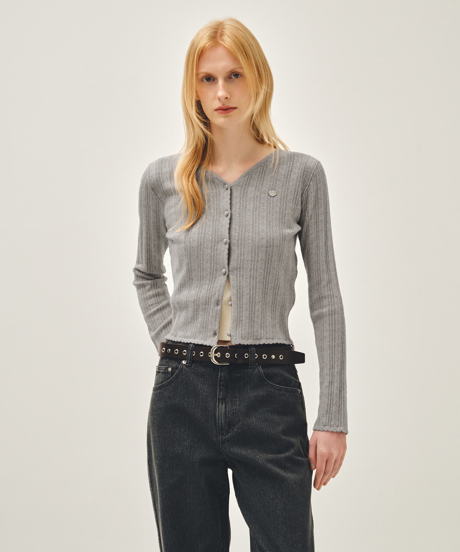 Marithe & Francois Girbaud - V-neck Crochet Knit Cardigan (Heather Gray) product image 1 | TRAB K-Fashion Australia