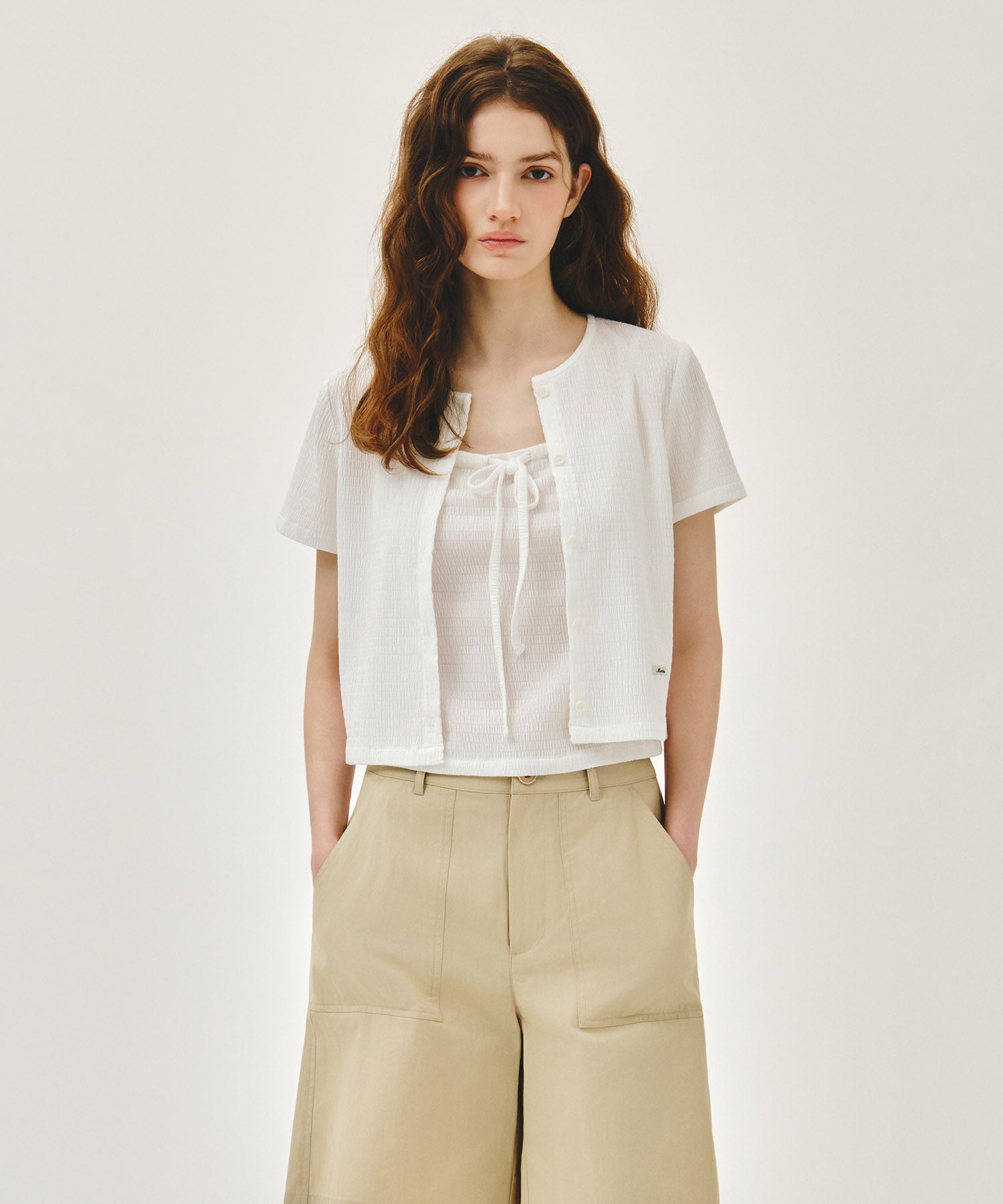 Marithe & Francois Girbaud - Crinkle Sleeveless + Cardigan Set (White) product image 1 | TRAB K-Fashion Australia