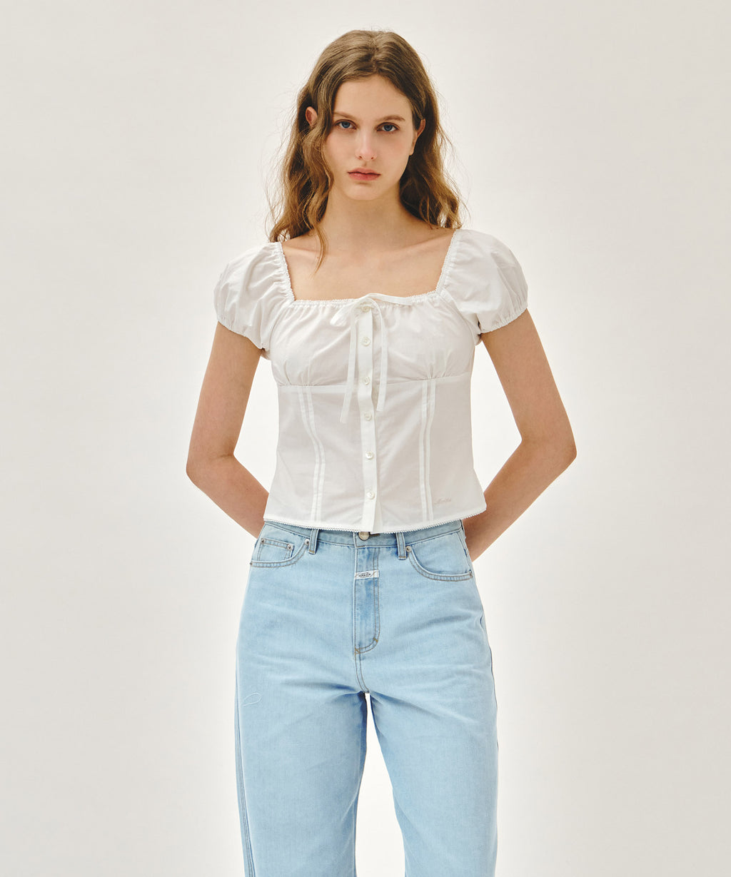 Marithe & Francois Girbaud - Cap Sleeve Ribbon Blouse (White) product image 1 | TRAB K-Fashion Australia