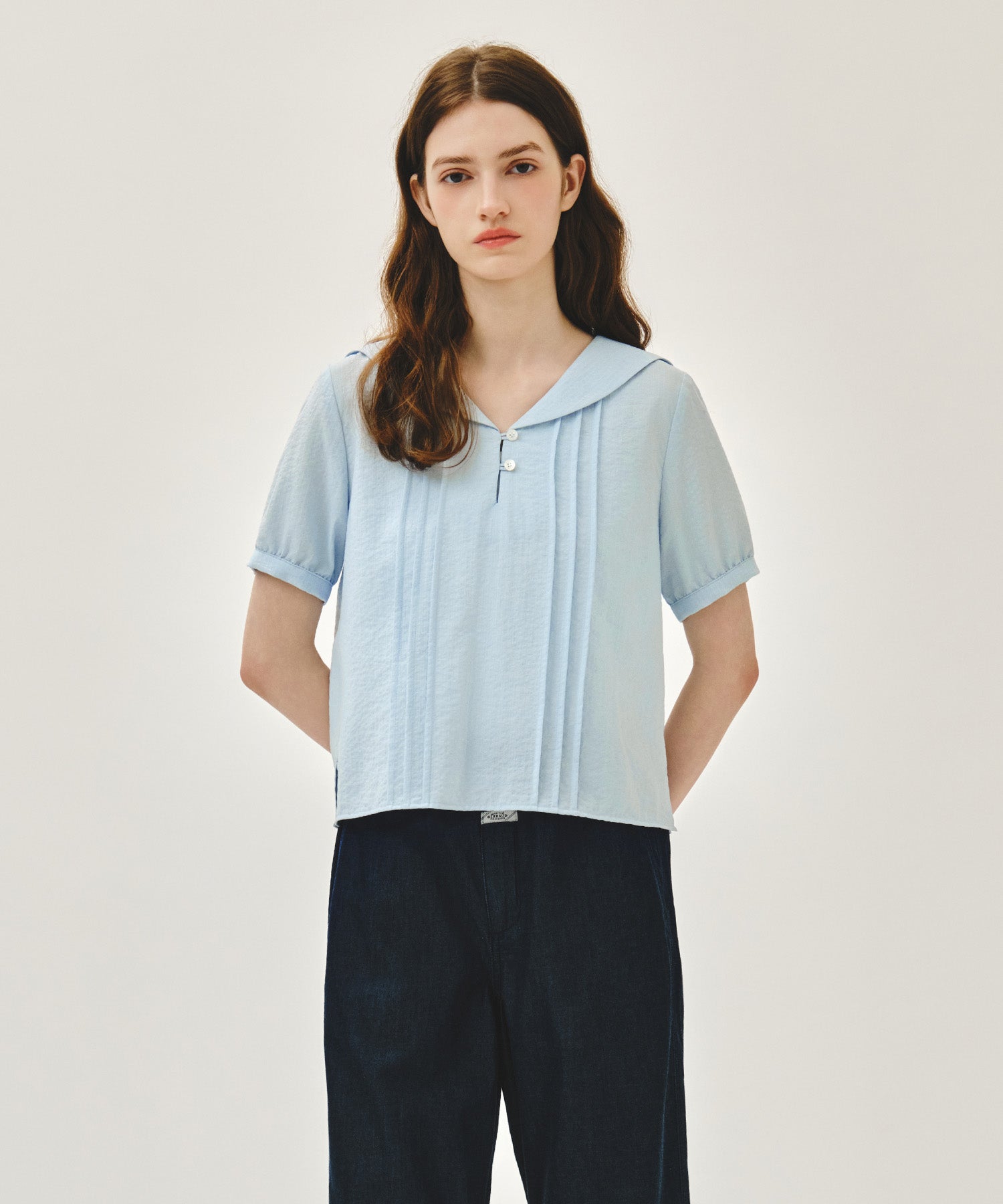 Marithe & Francois Girbaud - Pin Tuck Sailor Half Sleeve Shirt (Sky Blue) product image 1 | TRAB K-Fashion Australia