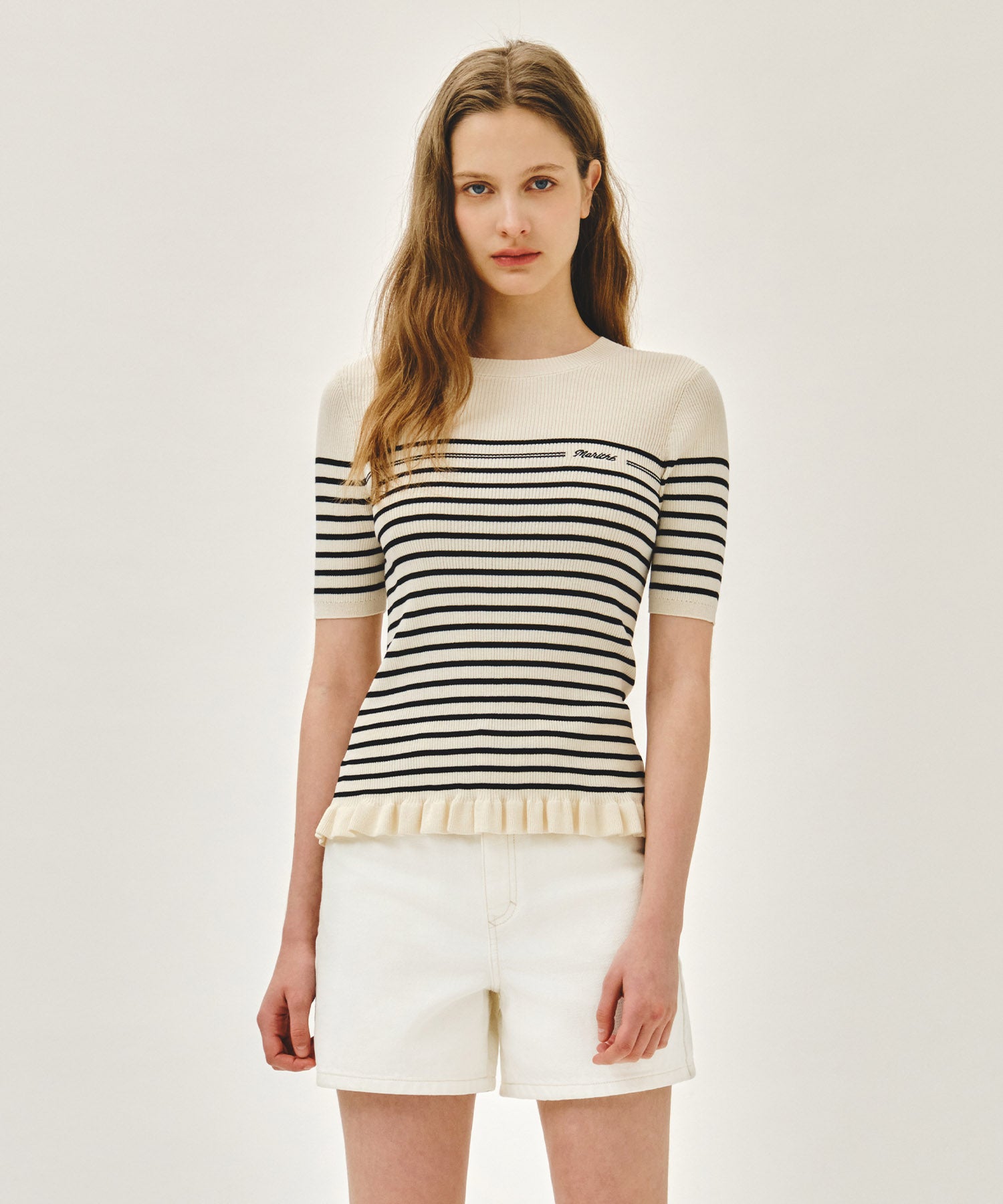 Marithe & Francois Girbaud - Ruffle Point Stripe Half Knit Pullover (Beige) product image 1 | TRAB K-Fashion Australia