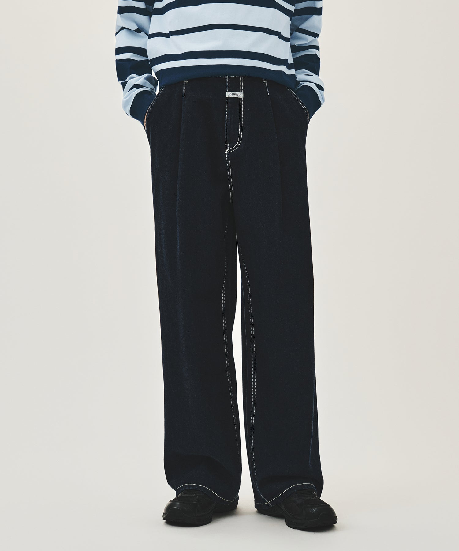 Marithe & Francois Girbaud - New M Low-waist Tuck Wide Denim Pants (Dark Blue) product image 1 | TRAB K-Fashion Australia