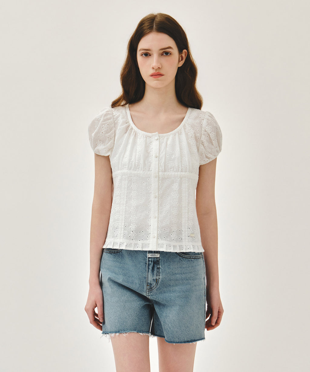 Marithe & Francois Girbaud - Puff Sleeve Lace Shirt (White) product image 1 | TRAB K-Fashion Australia