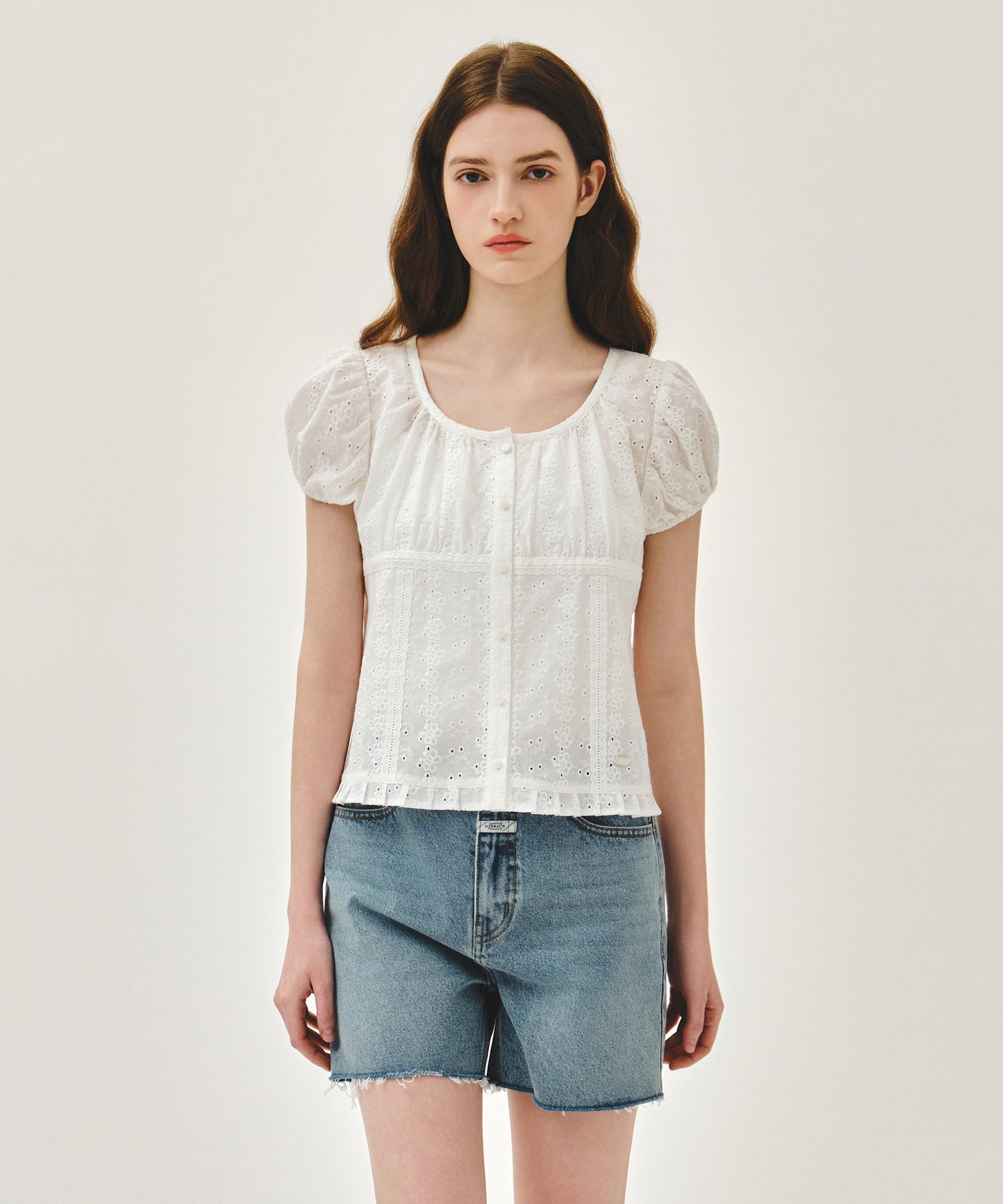 Marithe & Francois Girbaud - Puff Sleeve Lace Shirt (White) product image 1 | TRAB K-Fashion Australia