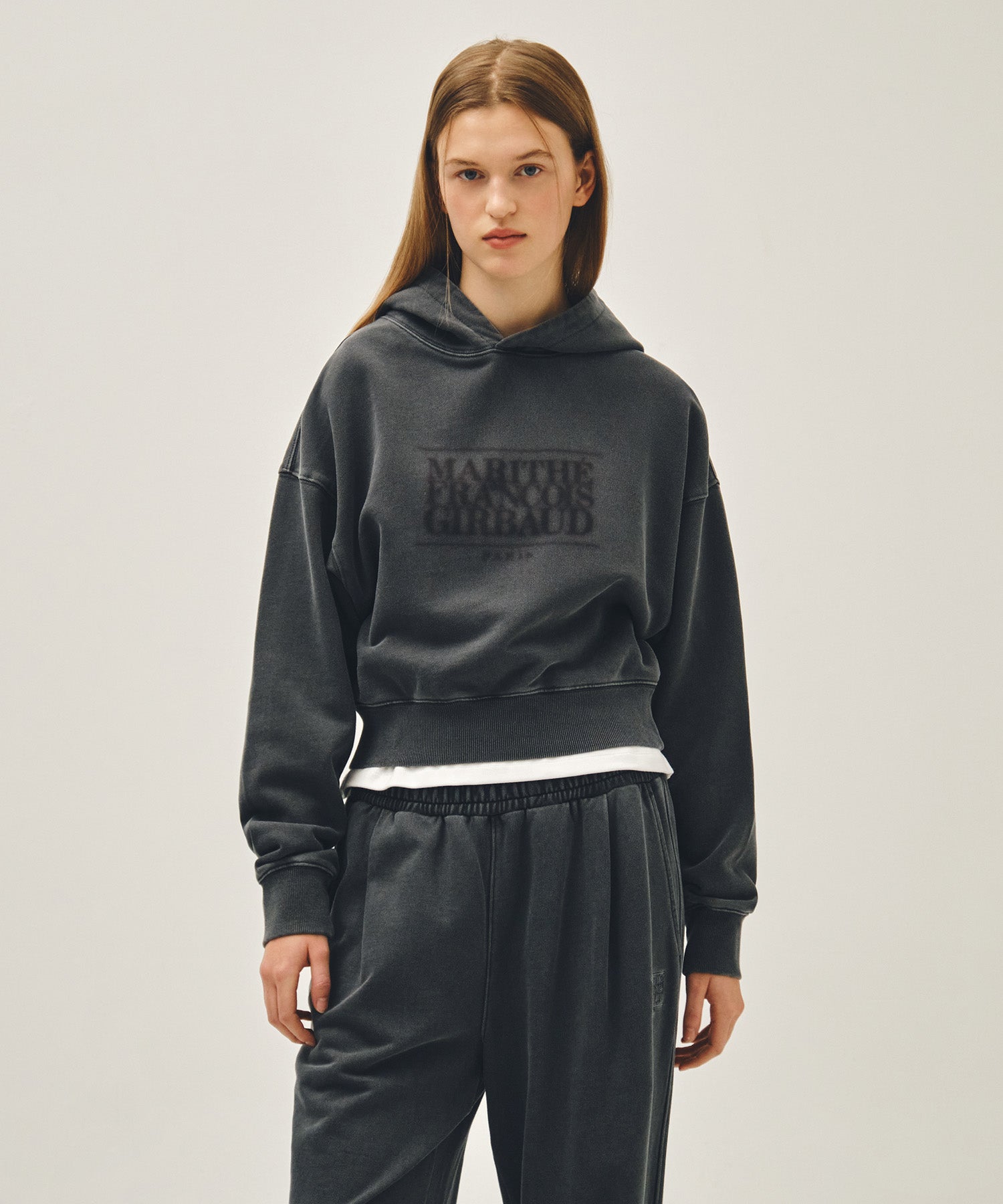 Marithe & Francois Girbaud - Shadow Classic Logo Dyeing Crop Hoodie (Charcoal) product image 1 | TRAB K-Fashion Australia