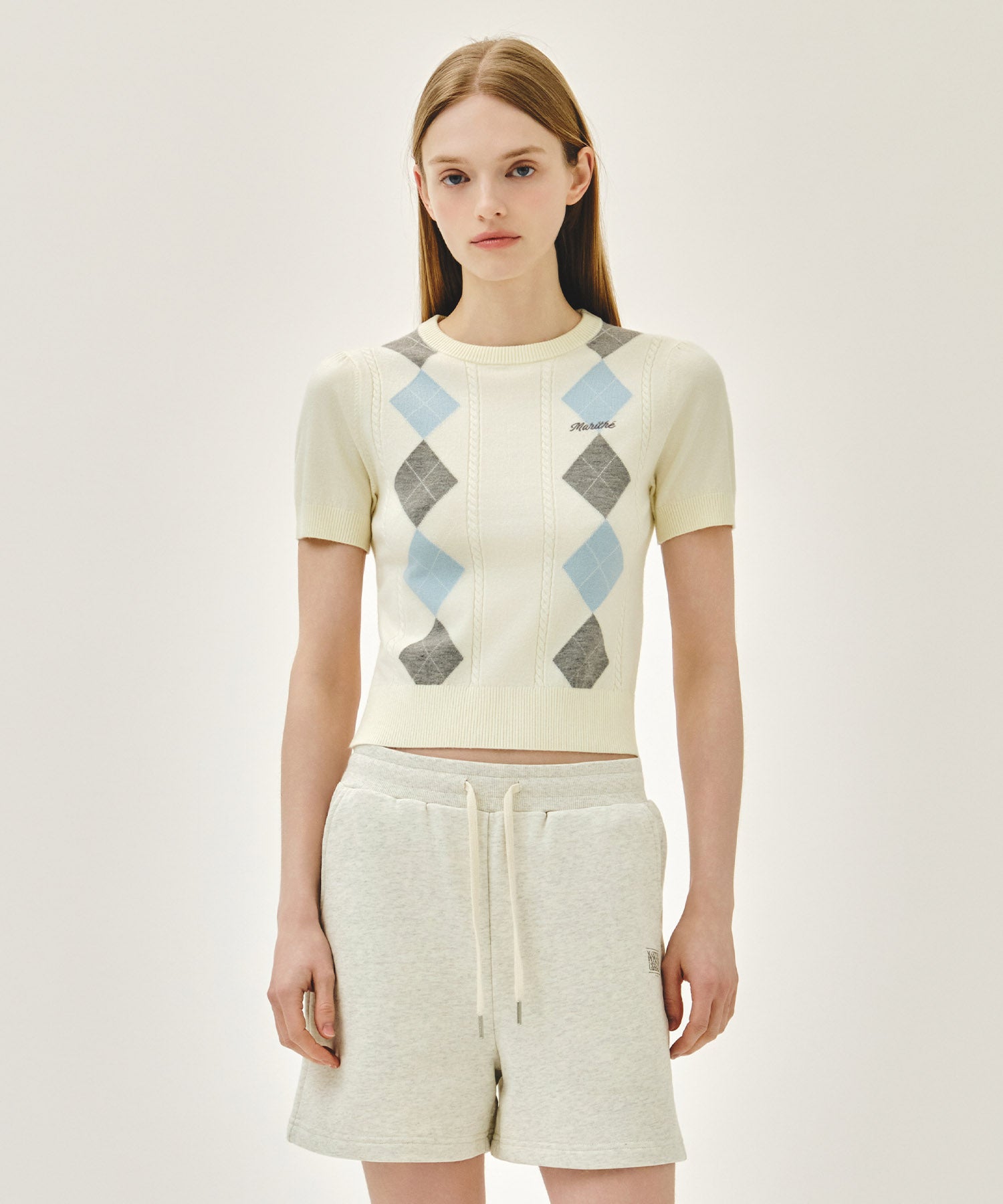 Marithe & Francois Girbaud - Argyle Cable Half Knit Pullover (Ivory) product image 1 | TRAB K-Fashion Australia