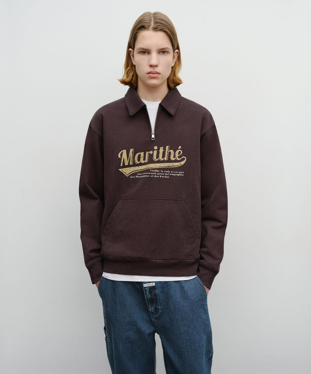 Marithe & Francois Girbaud - Baseball Logo Collar Half Zipup Sweatshirt (Brown) product image 1 | TRAB K-Fashion Australia