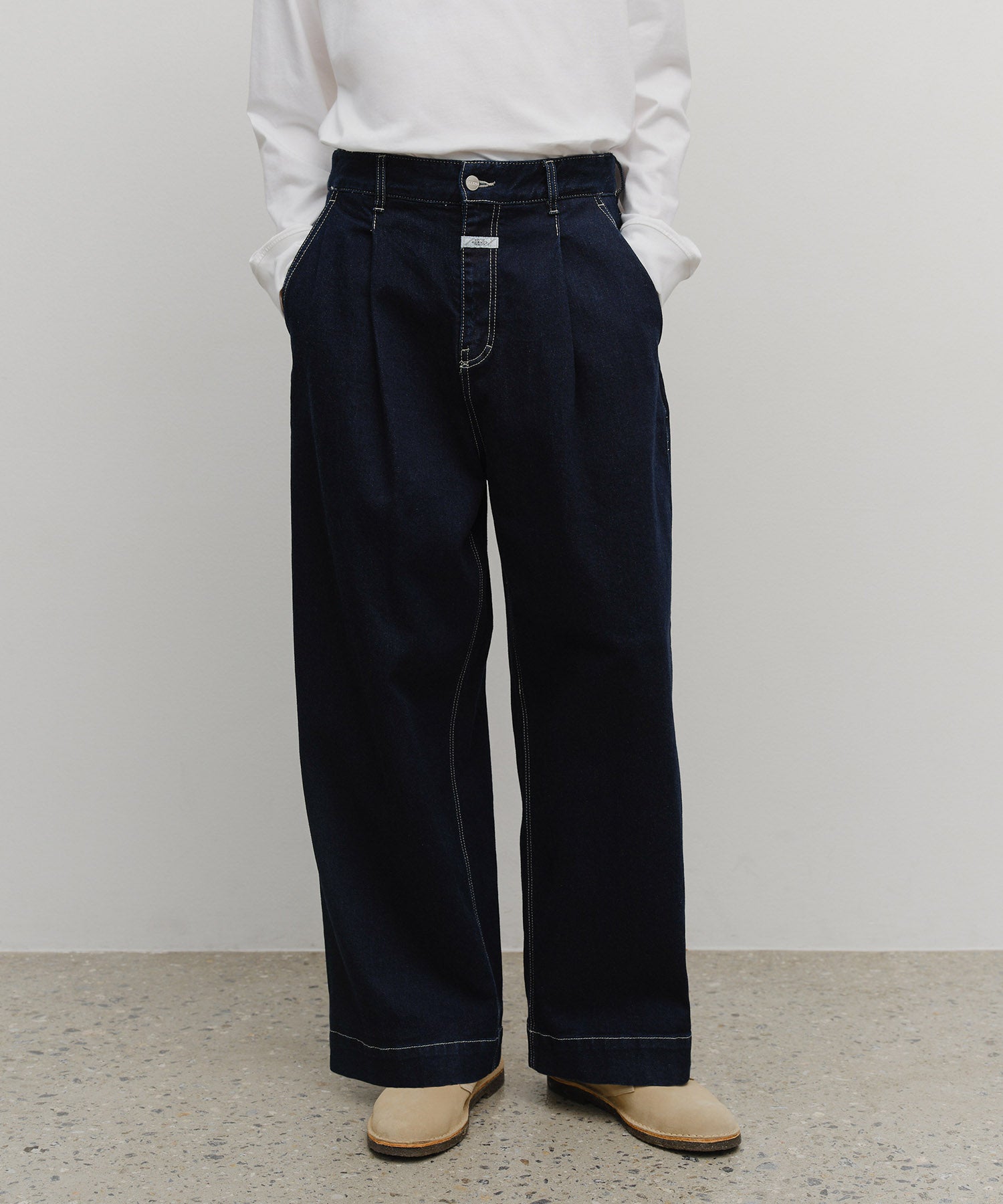 Marithe & Francois Girbaud - Low-waist Tuck Wide Denim Pants (Dark Blue) product image 1 | TRAB K-Fashion Australia