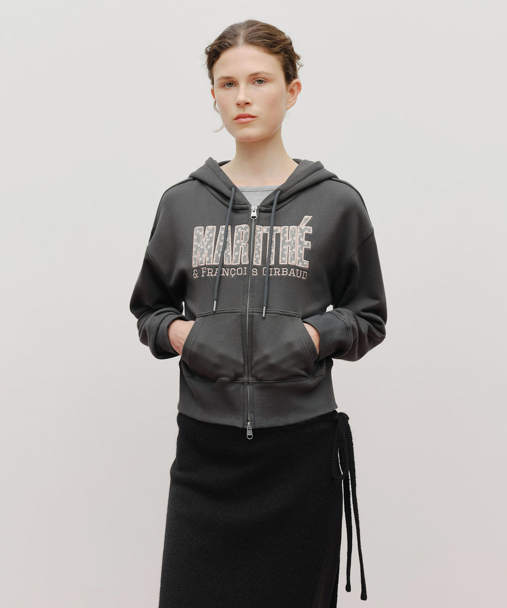 Marithe & Francois Girbaud - Lace Applique Crop Hoodie Zipup (Charcoal) product image 1 | TRAB K-Fashion Australia