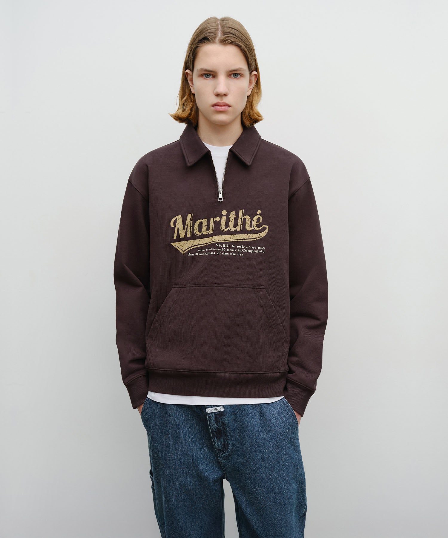 Marithe & Francois Girbaud - Baseball Logo Collar Half Zipup Sweatshirt (Brown) product image 1 | TRAB K-Fashion Australia