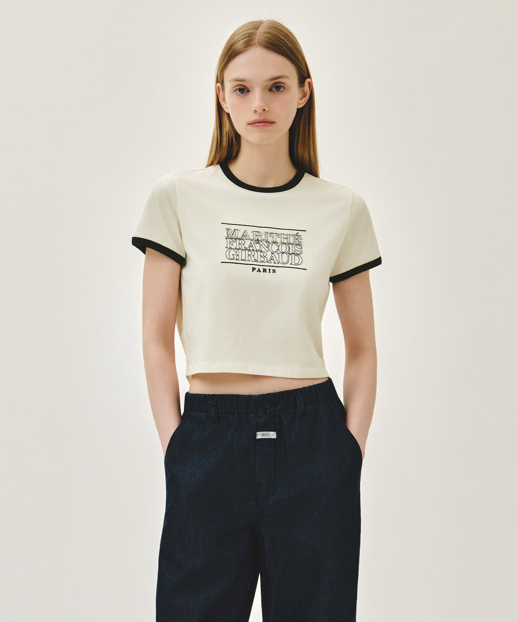 Marithe & Francois Girbaud - Classic Logo Applique Ringer Crop Tee (Ivory) product image 1 | TRAB K-Fashion Australia