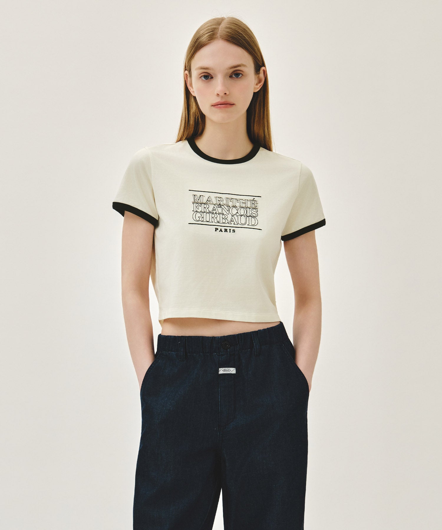 Marithe & Francois Girbaud - Classic Logo Applique Ringer Crop Tee (Ivory) product image 1 | TRAB K-Fashion Australia