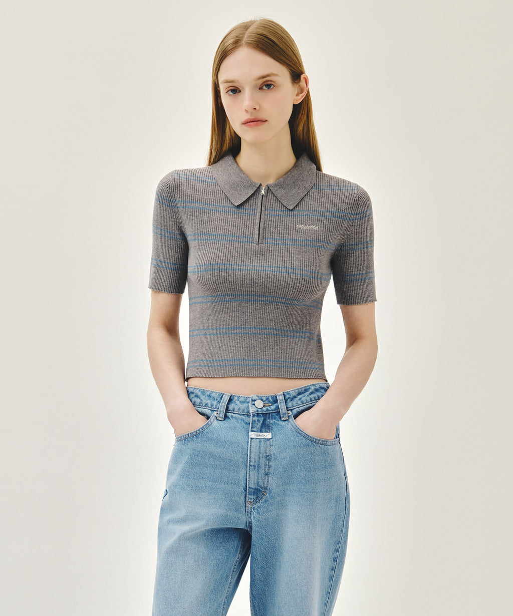Marithe & Francois Girbaud - Stripe Half Zip Up Slim Knit (Melange Gray) product image 1 | TRAB K-Fashion Australia