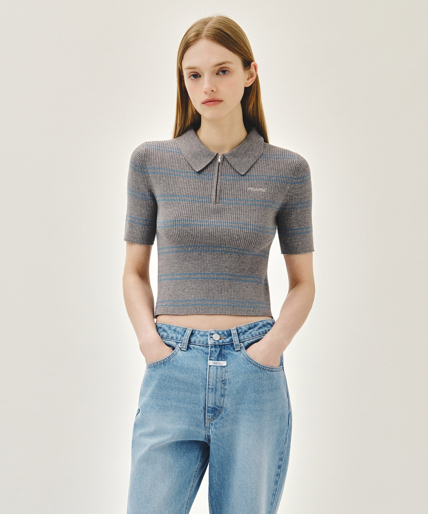 Marithe & Francois Girbaud - Stripe Half Zip Up Slim Knit (Melange Gray) product image 1 | TRAB K-Fashion Australia