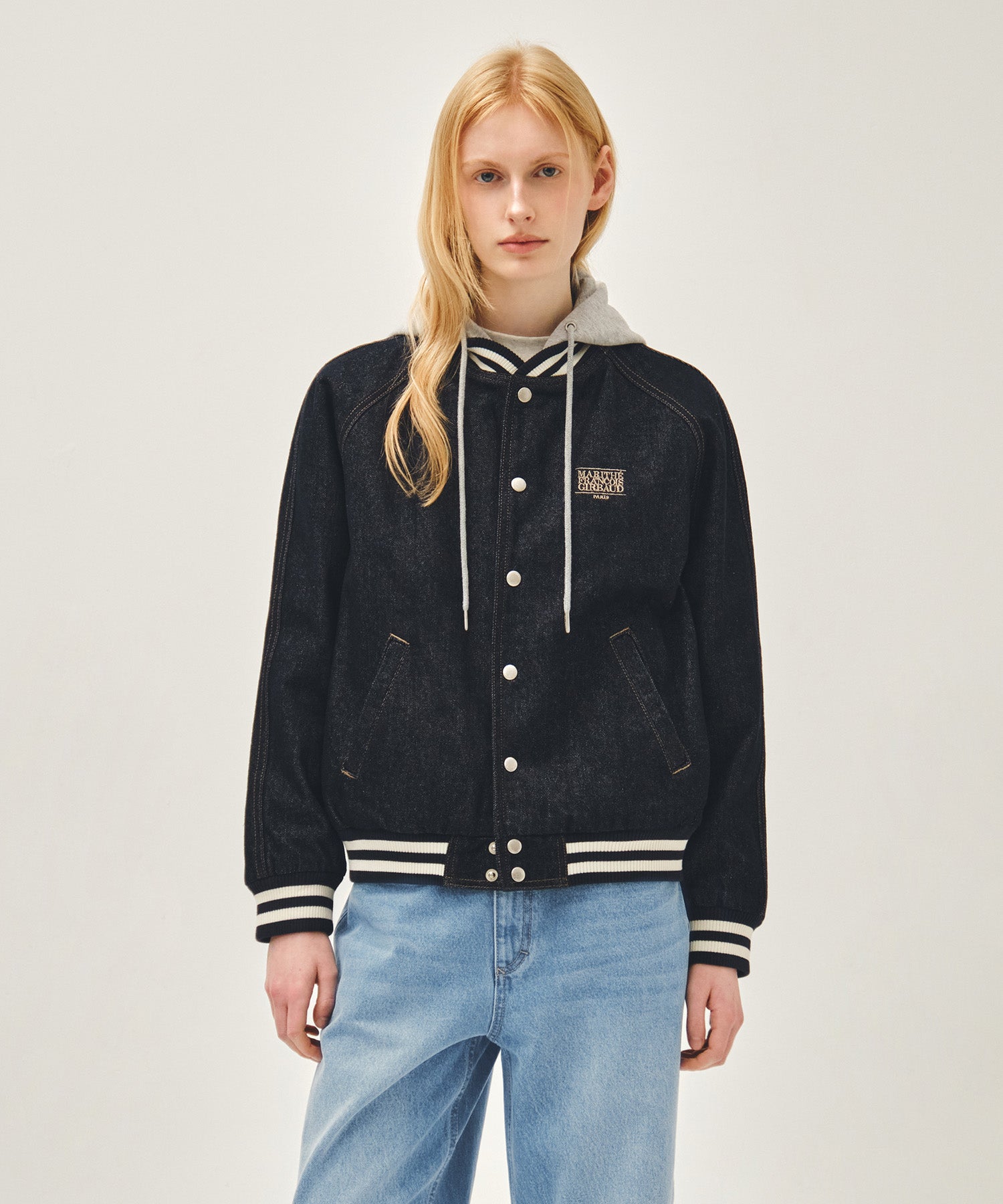 Marithe & Francois Girbaud - Classic Logo Raglan Denim Varsity Jacket (Indigo) product image 1 | TRAB K-Fashion Australia