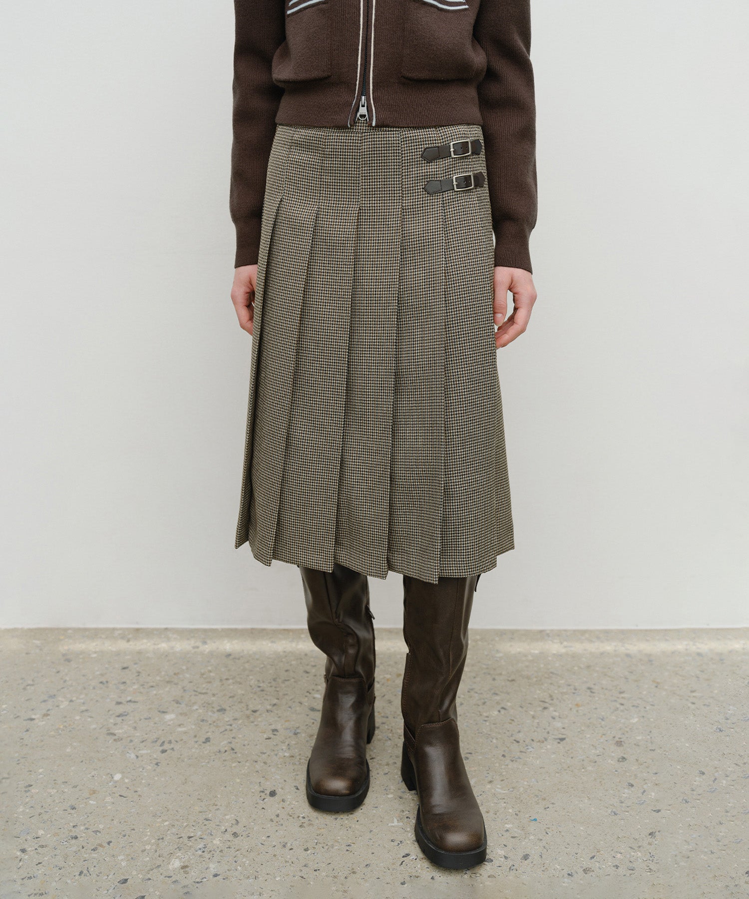 Marithe & Francois Girbaud - Side Buckle Pleated Midi Skirt (Brown) product image 4 | TRAB K-Fashion Australia