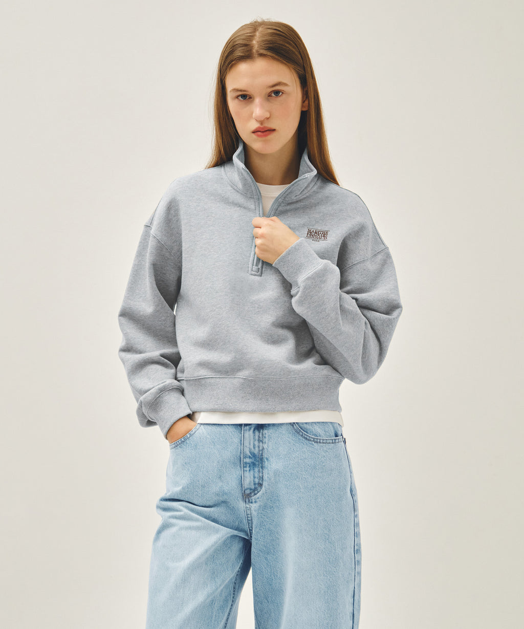 Marithe & Francois Girbaud - Small Classic Logo Half Zipup Crop Sweatshirt (Heather Gray) product image 1 | TRAB K-Fashion Australia