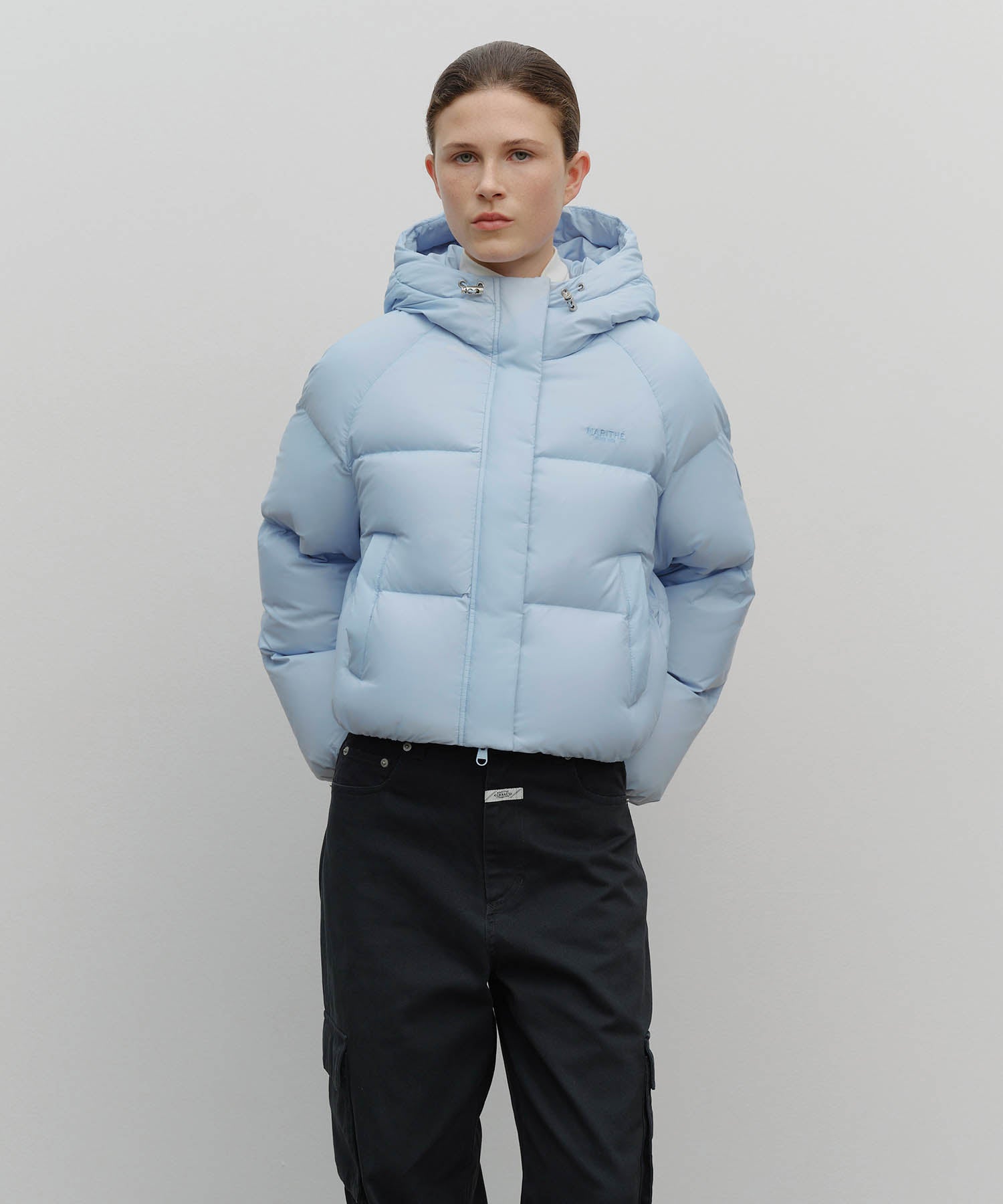 Marithe & Francois Girbaud - Regular Logo Hooded Crop Down Jacket (Light Blue) product image 5 | TRAB K-Fashion Australia