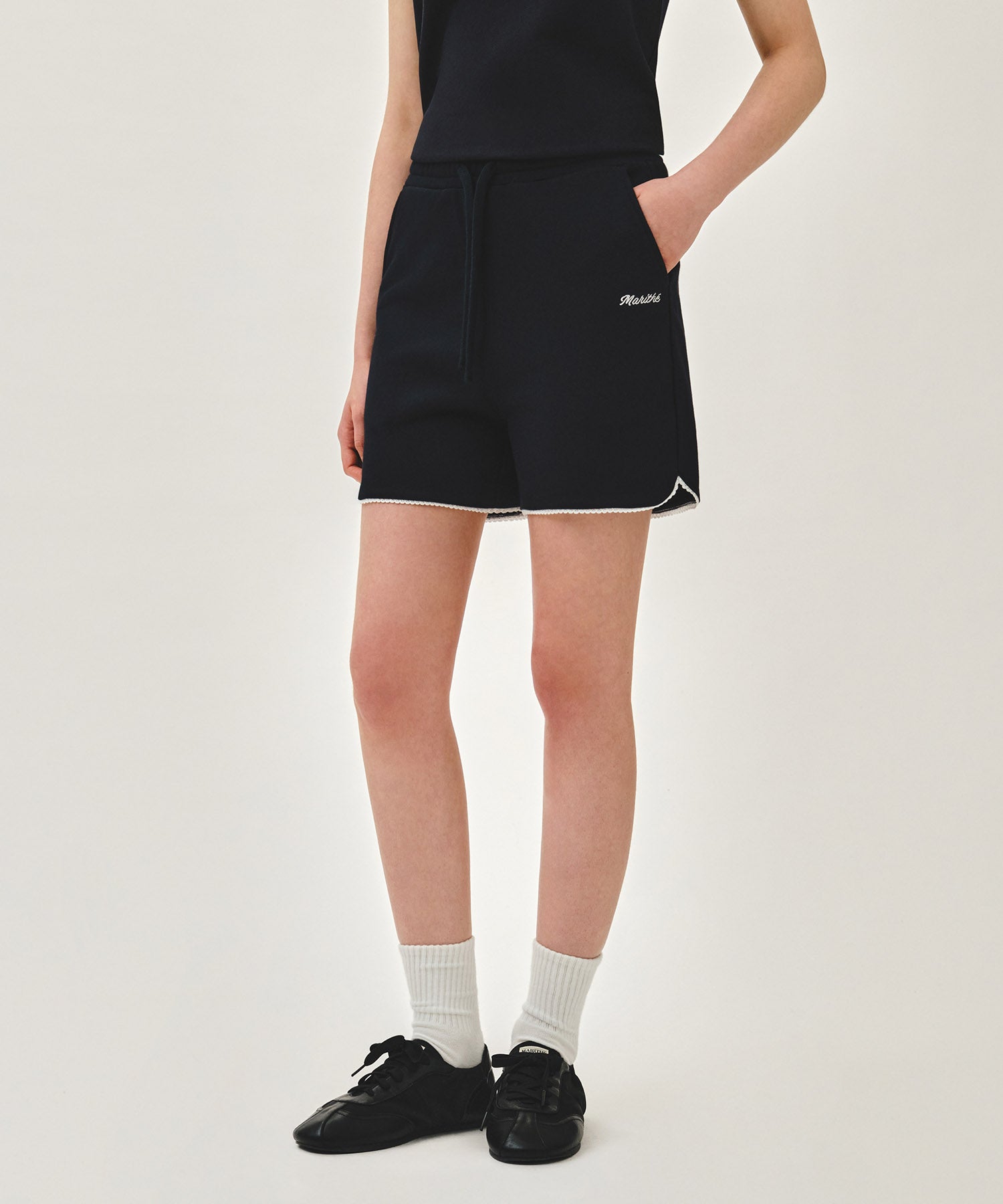 Marithe & Francois Girbaud - Lace Detail Sweat Shorts (Navy) product image 1 | TRAB K-Fashion Australia