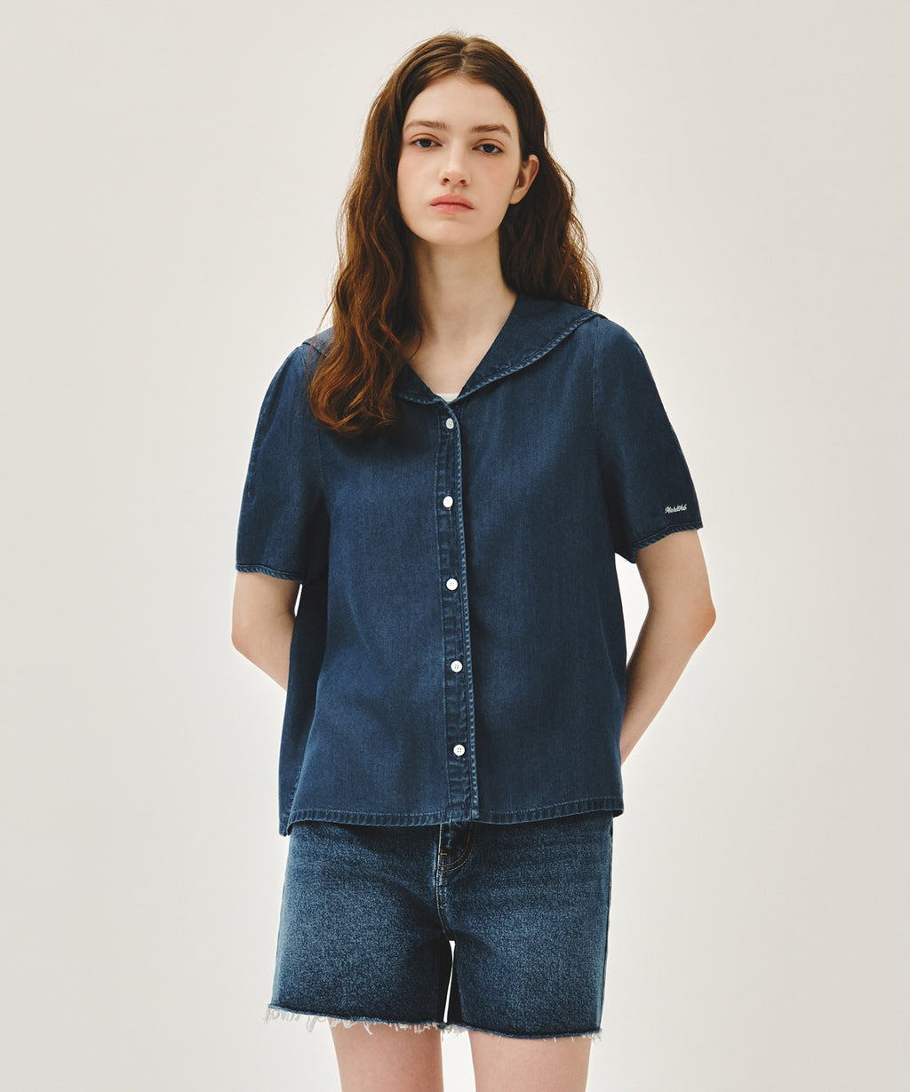 Marithe & Francois Girbaud - Sailor Collar Short Sleeve Chambray Shirt (Dark Blue) product image 1 | TRAB K-Fashion Australia