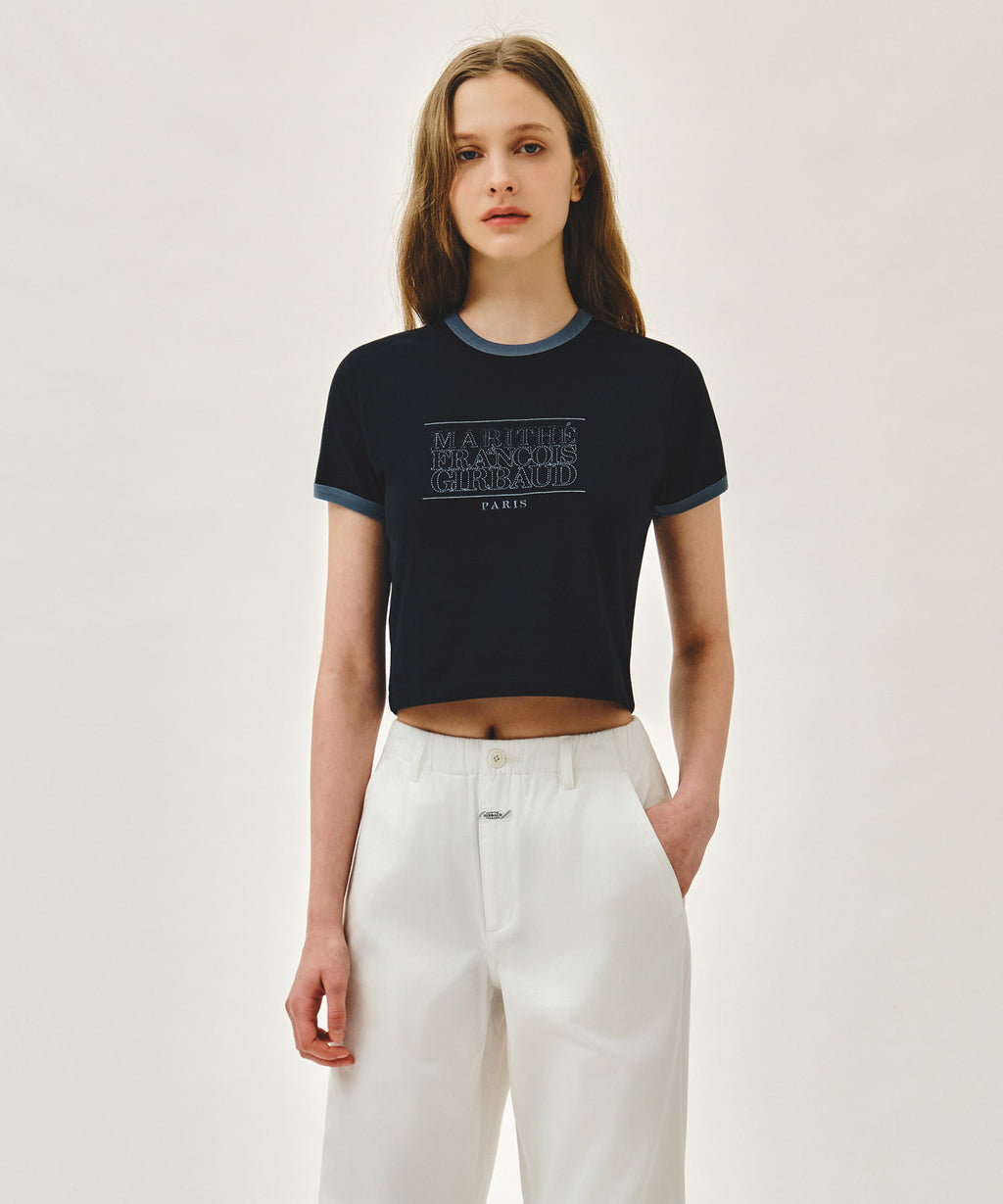 Marithe & Francois Girbaud - [Pre-order – Ships 15 Jul] Classic Logo Applique Ringer Crop Tee (Dark Navy) product image 1 | TRAB K-Fashion Australia