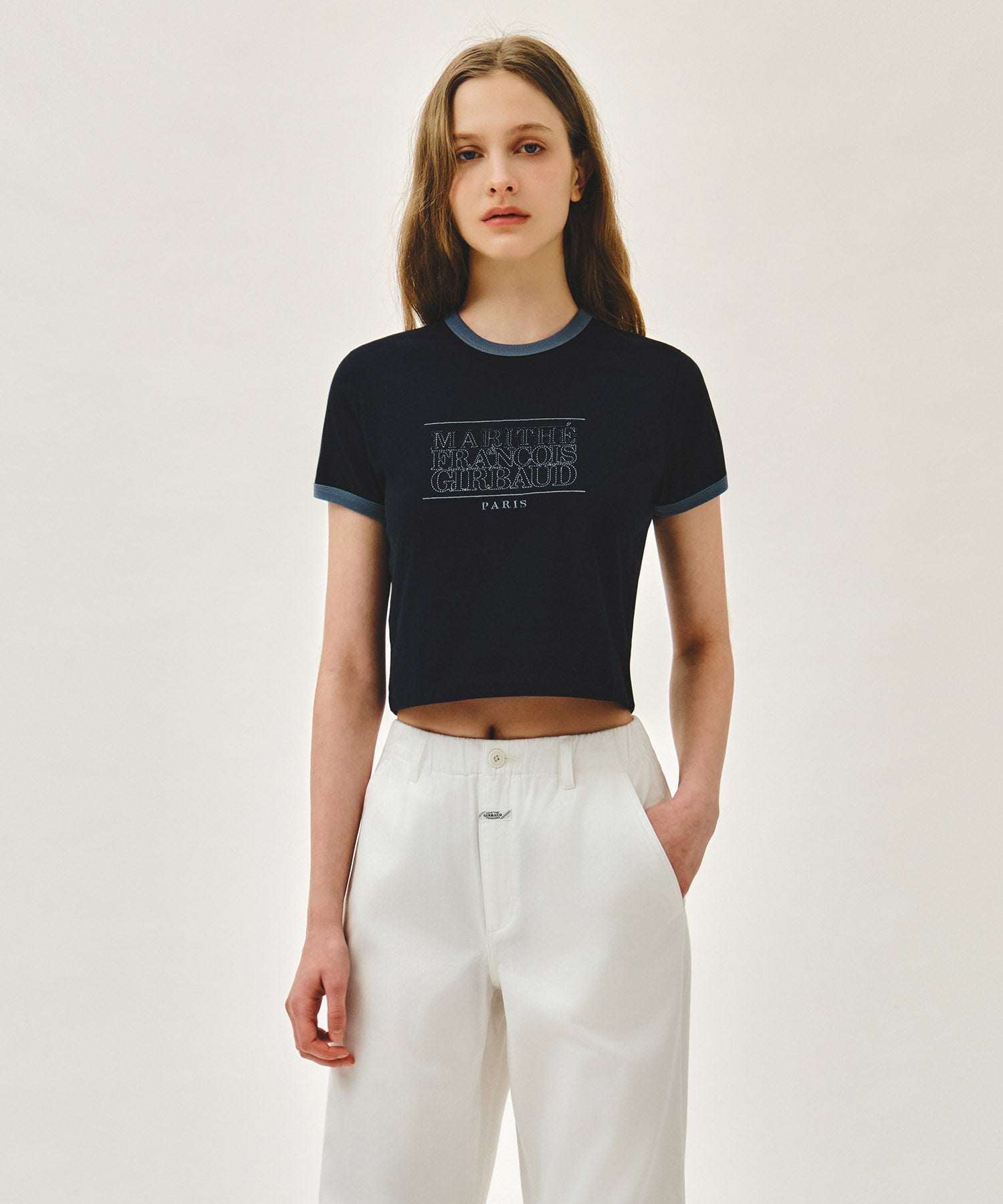 Marithe & Francois Girbaud - [Pre-order – Ships 15 Jul] Classic Logo Applique Ringer Crop Tee (Dark Navy) product image 1 | TRAB K-Fashion Australia