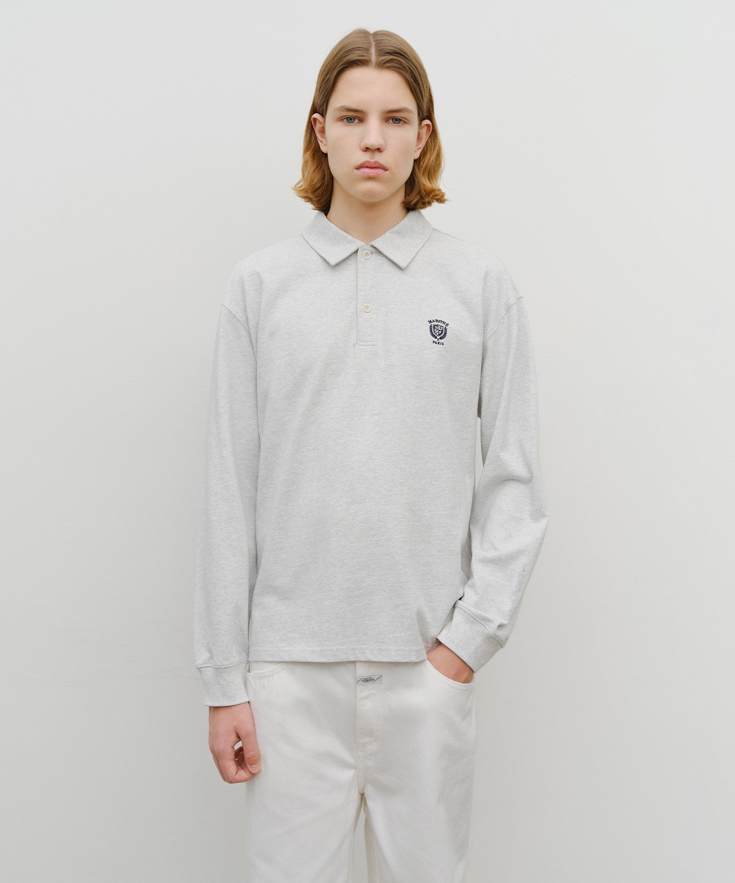 Marithe & Francois Girbaud - Crest Logo Jersey Polo Long Sleeve (Light Heather Gray) product image 1 | TRAB K-Fashion Australia
