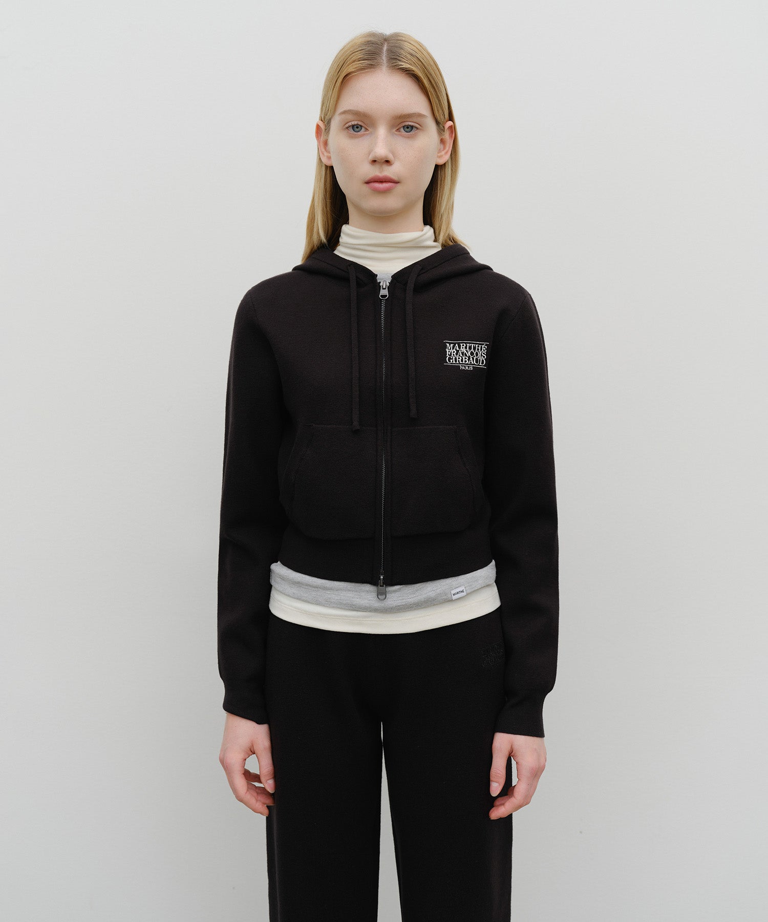 Marithe & Francois Girbaud - Classic Logo Crop Knit Hoodie Zipup (Black) product image 1 | TRAB K-Fashion Australia