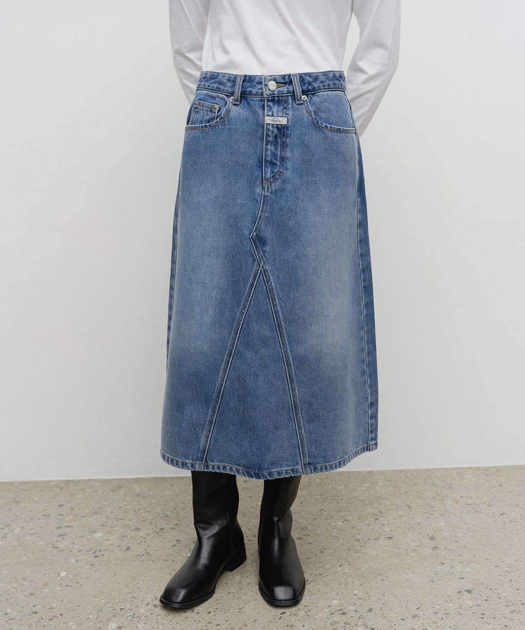 Marithe & Francois Girbaud - A-line Denim Midi Skirt (Light Blue) product image 1 | TRAB K-Fashion Australia