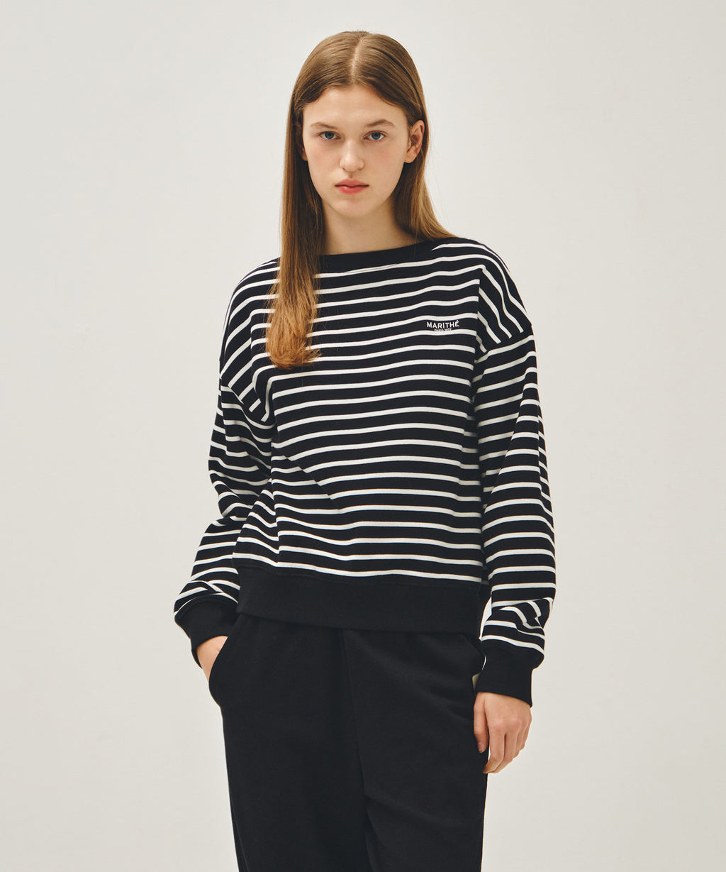 Marithe & Francois Girbaud - Stripe Boatneck Crop Sweatshirt (Black) product image 1 | TRAB K-Fashion Australia