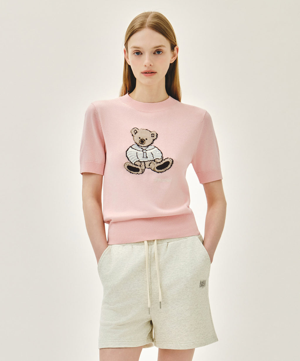 Marithe & Francois Girbaud - Doodle Bear Half Knit Pullover (Light Pink) product image 1 | TRAB K-Fashion Australia