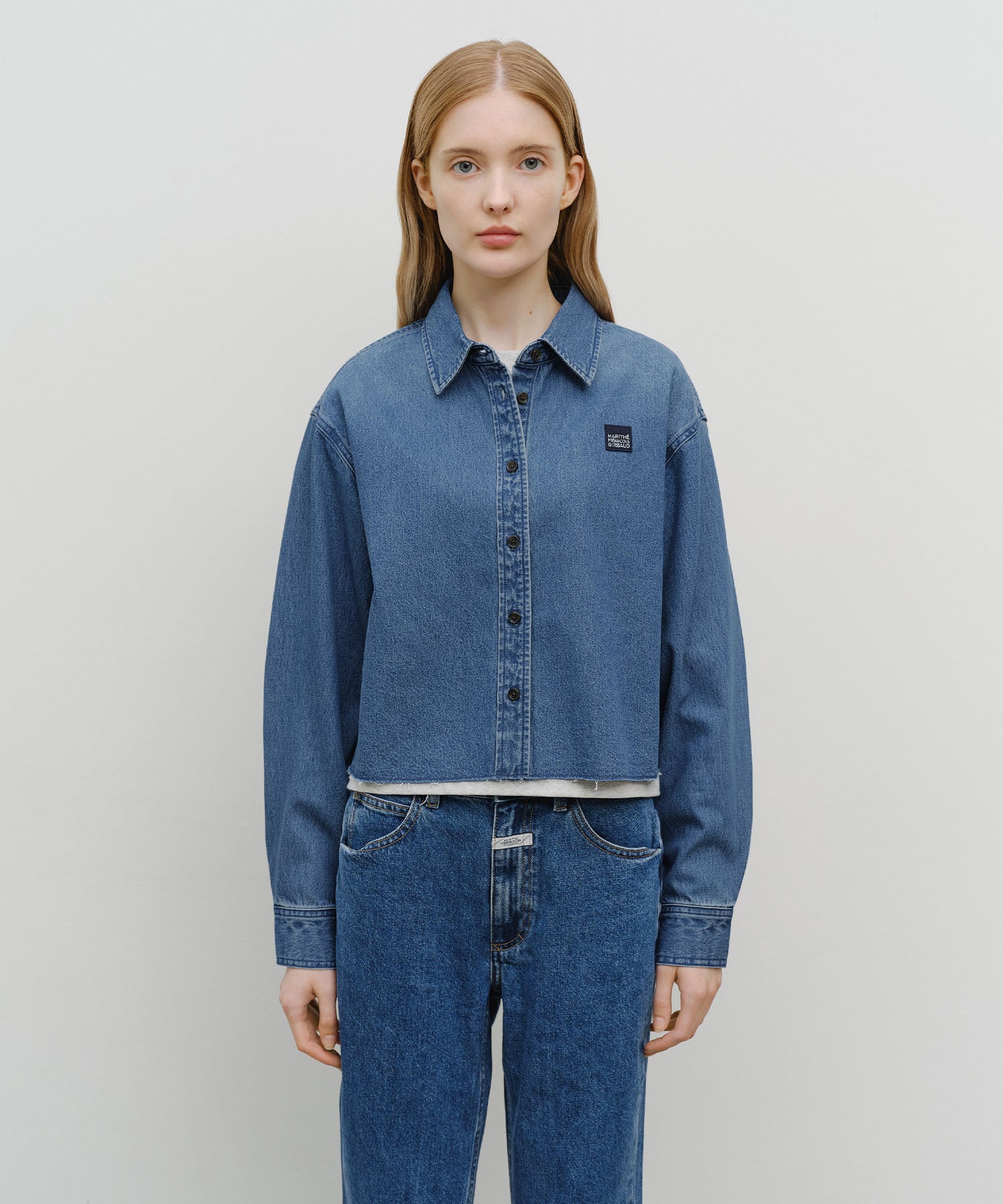 Marithe & Francois Girbaud - Heritage Lettering Logo Denim Crop Shirt (Blue) product image 1 | TRAB K-Fashion Australia