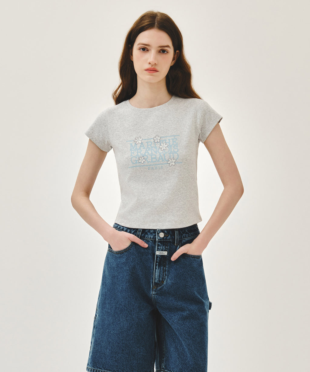 Marithe & Francois Girbaud - Flower Classic Logo Cap Sleeve Slim Crop Tee (Light Heather Gray) product image 1 | TRAB K-Fashion Australia