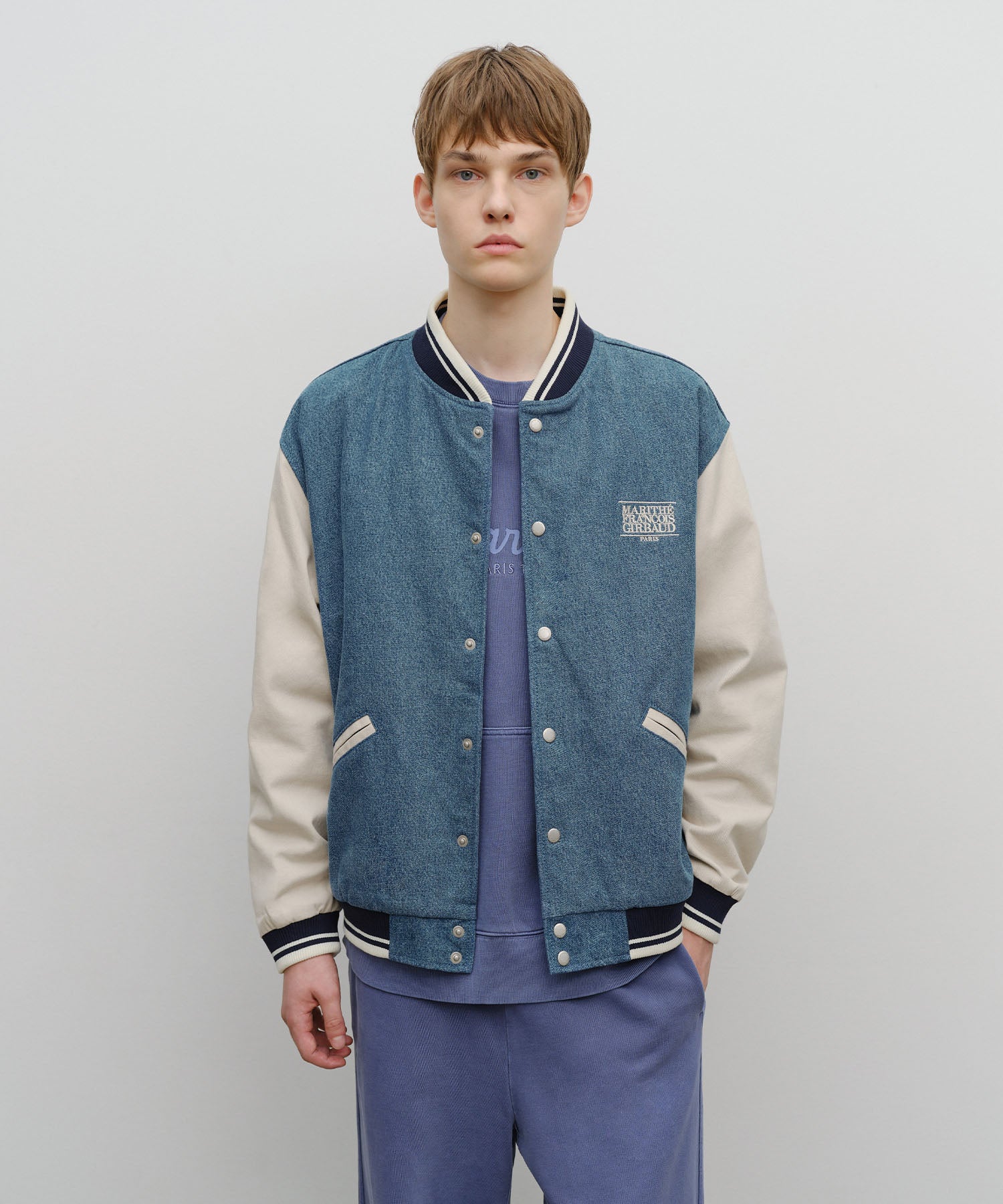 Marithe & Francois Girbaud - Classic Logo Embroidery Denim Varsity Jacket (Light Blue) product image 1 | TRAB K-Fashion Australia