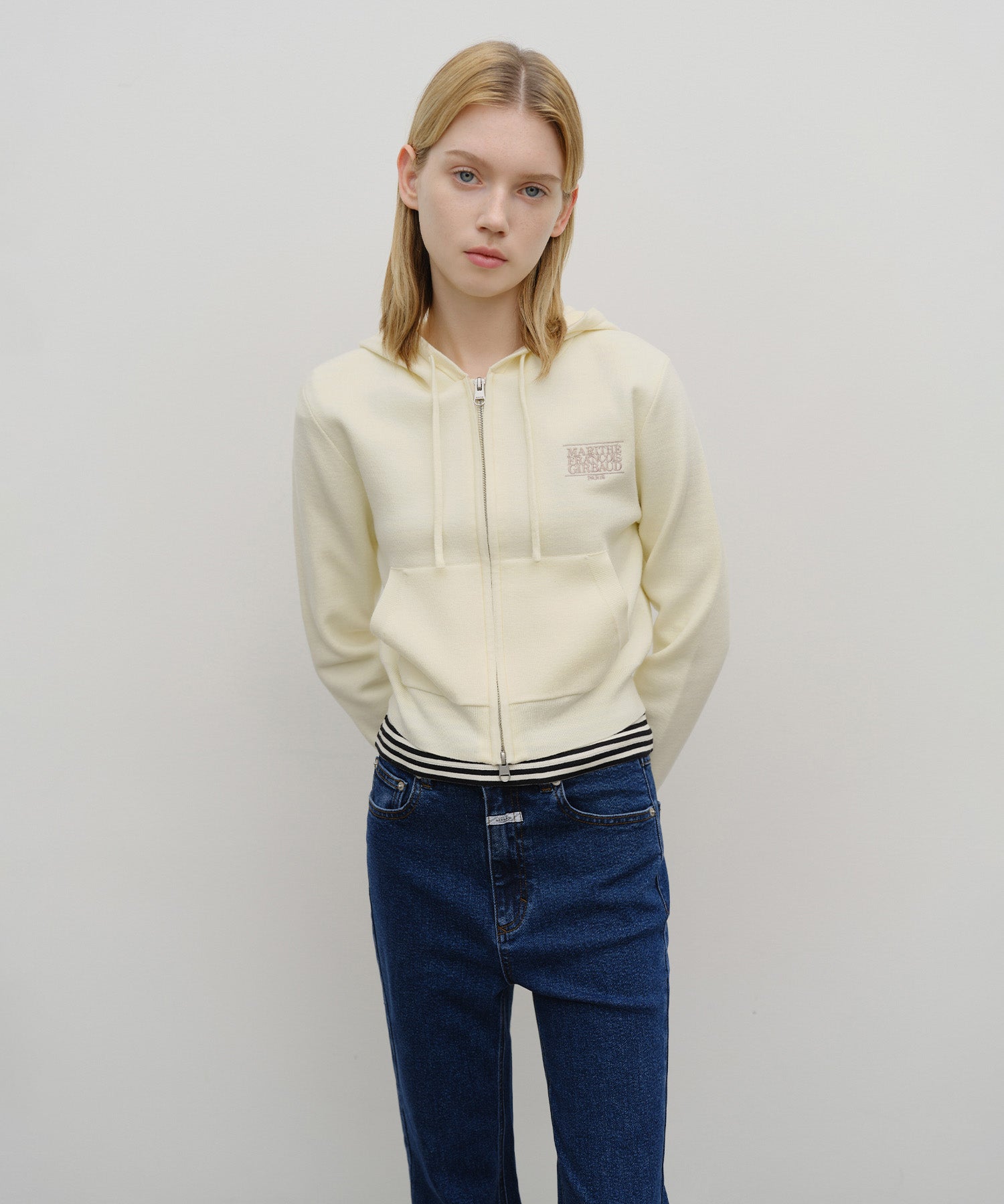 Marithe & Francois Girbaud - Classic Logo Crop Knit Hoodie Zipup (Ivory) product image 1 | TRAB K-Fashion Australia