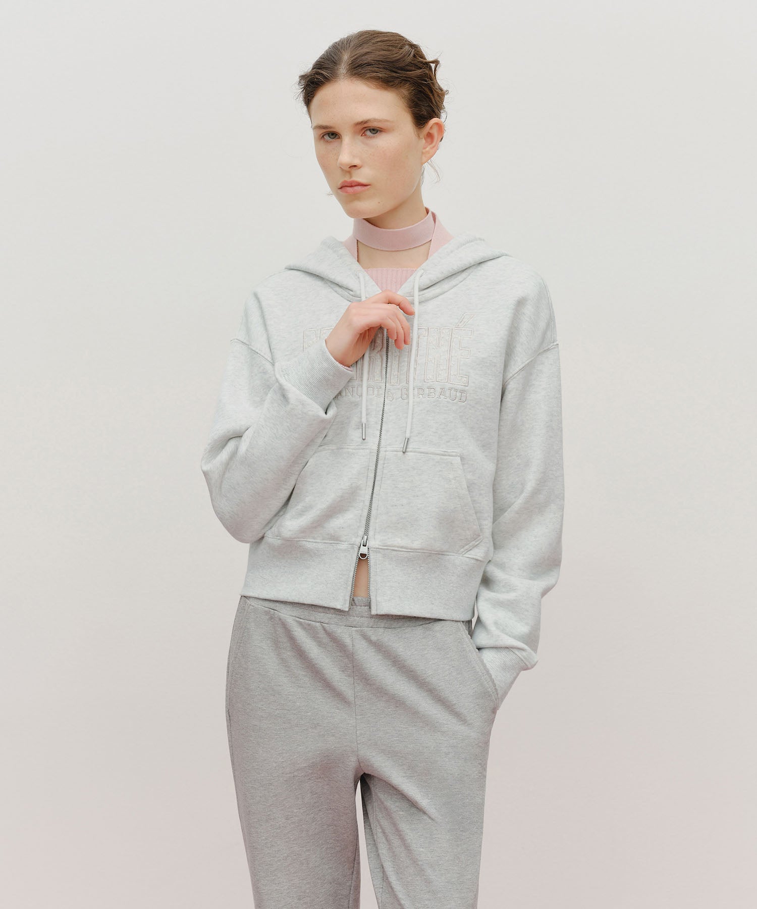 Marithe & Francois Girbaud - Lace Applique Crop Hoodie Zipup (Light Heather Gray) product image 1 | TRAB K-Fashion Australia