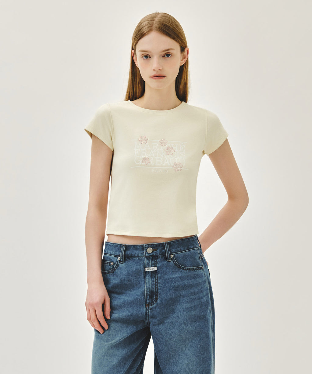 Marithe & Francois Girbaud - Flower Classic Logo Cap Sleeve Slim Crop Tee (Cream) product image 1 | TRAB K-Fashion Australia