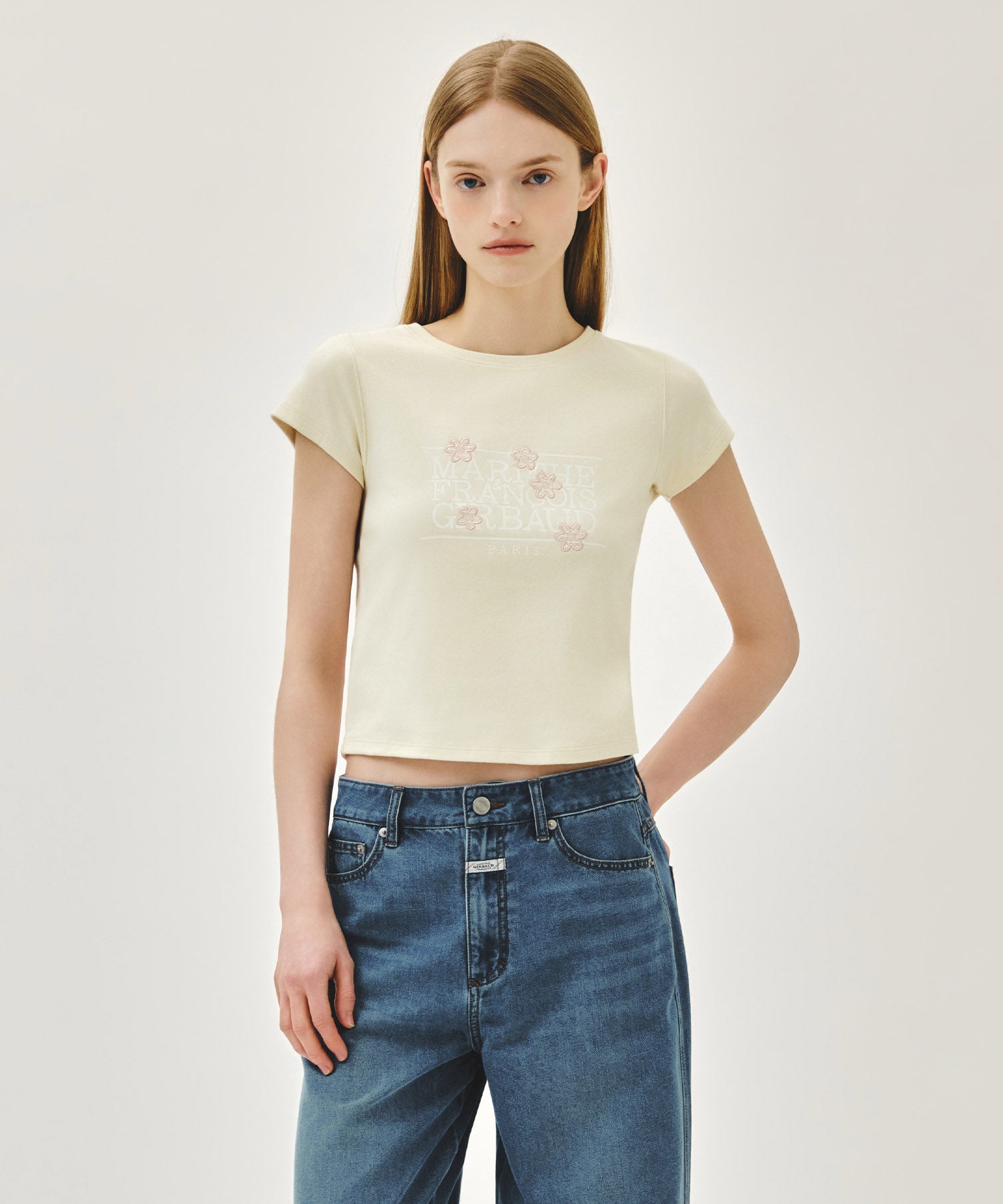 Marithe & Francois Girbaud - Flower Classic Logo Cap Sleeve Slim Crop Tee (Cream) product image 1 | TRAB K-Fashion Australia