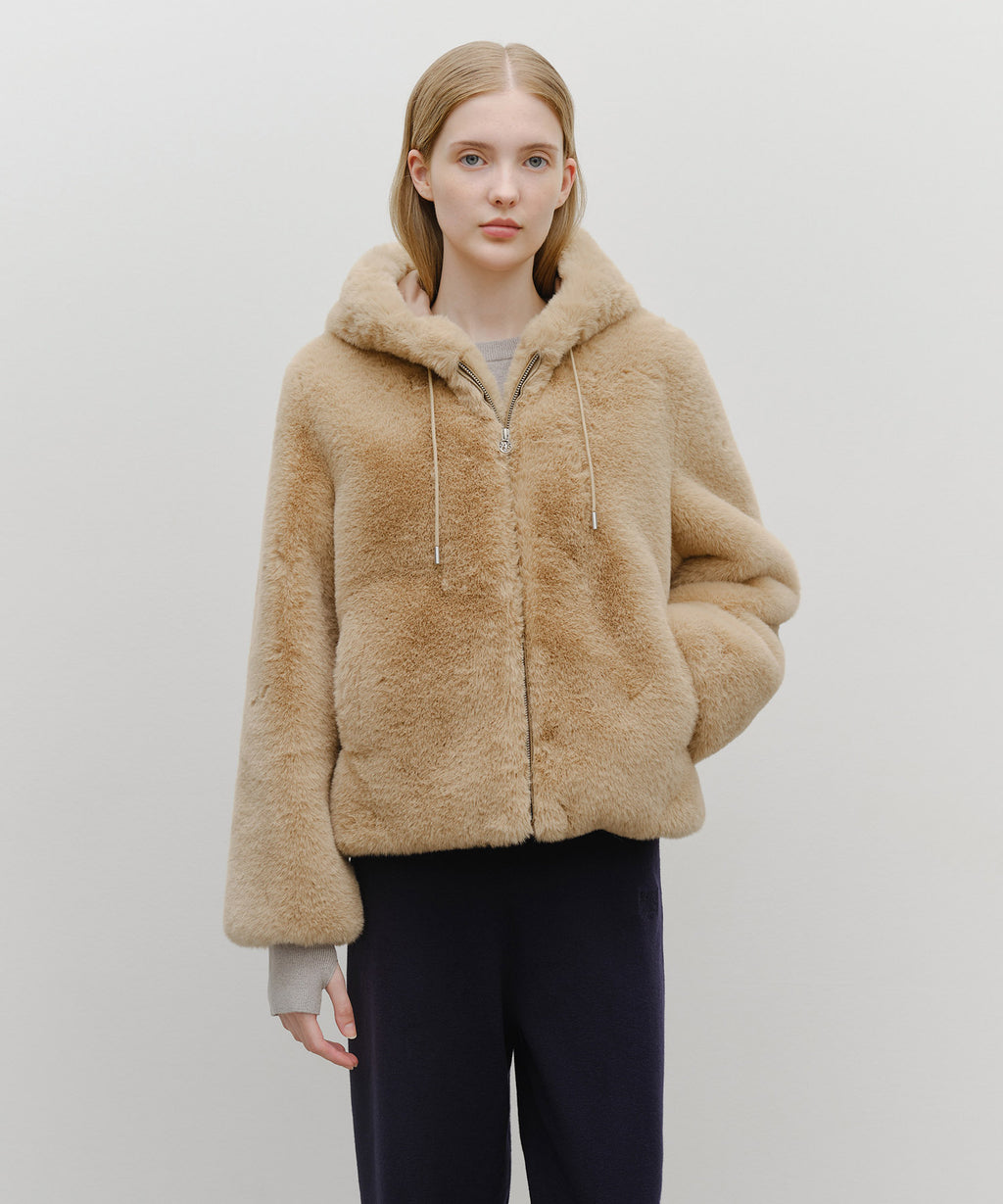 Marithe & Francois Girbaud - Hooded Faux Fur Jacket (Beige) product image 1 | TRAB K-Fashion Australia