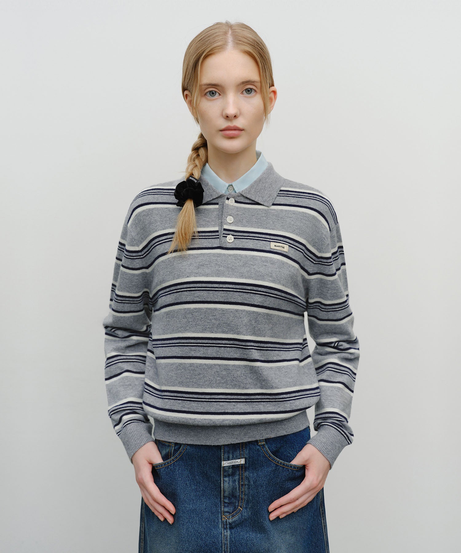 Marithe & Francois Girbaud - Regular Logo Stripe Polo Knit (Melange Gray) product image 1 | TRAB K-Fashion Australia