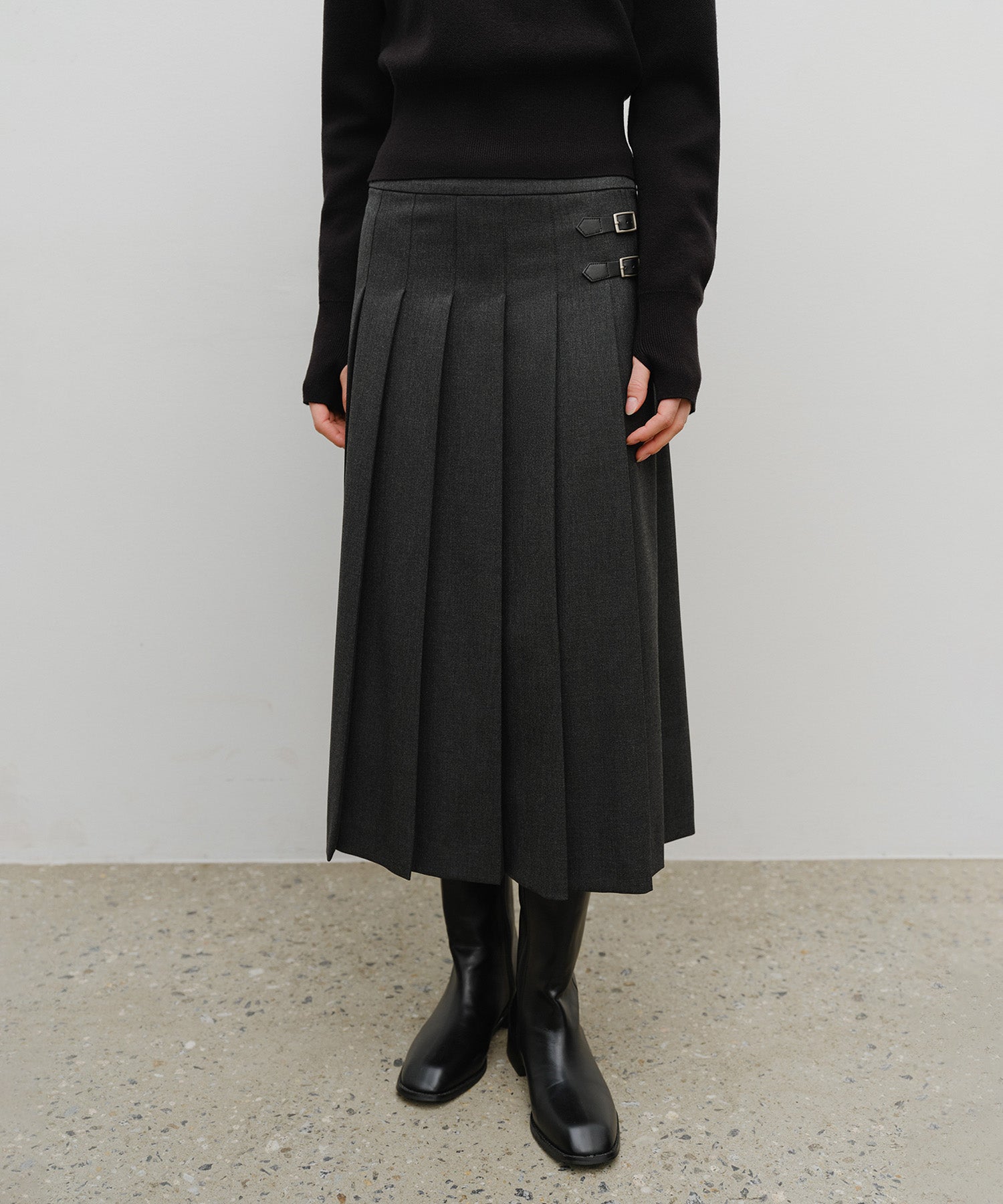 Marithe & Francois Girbaud - Side Buckle Pleated Midi Skirt (Charcoal) product image 1 | TRAB K-Fashion Australia