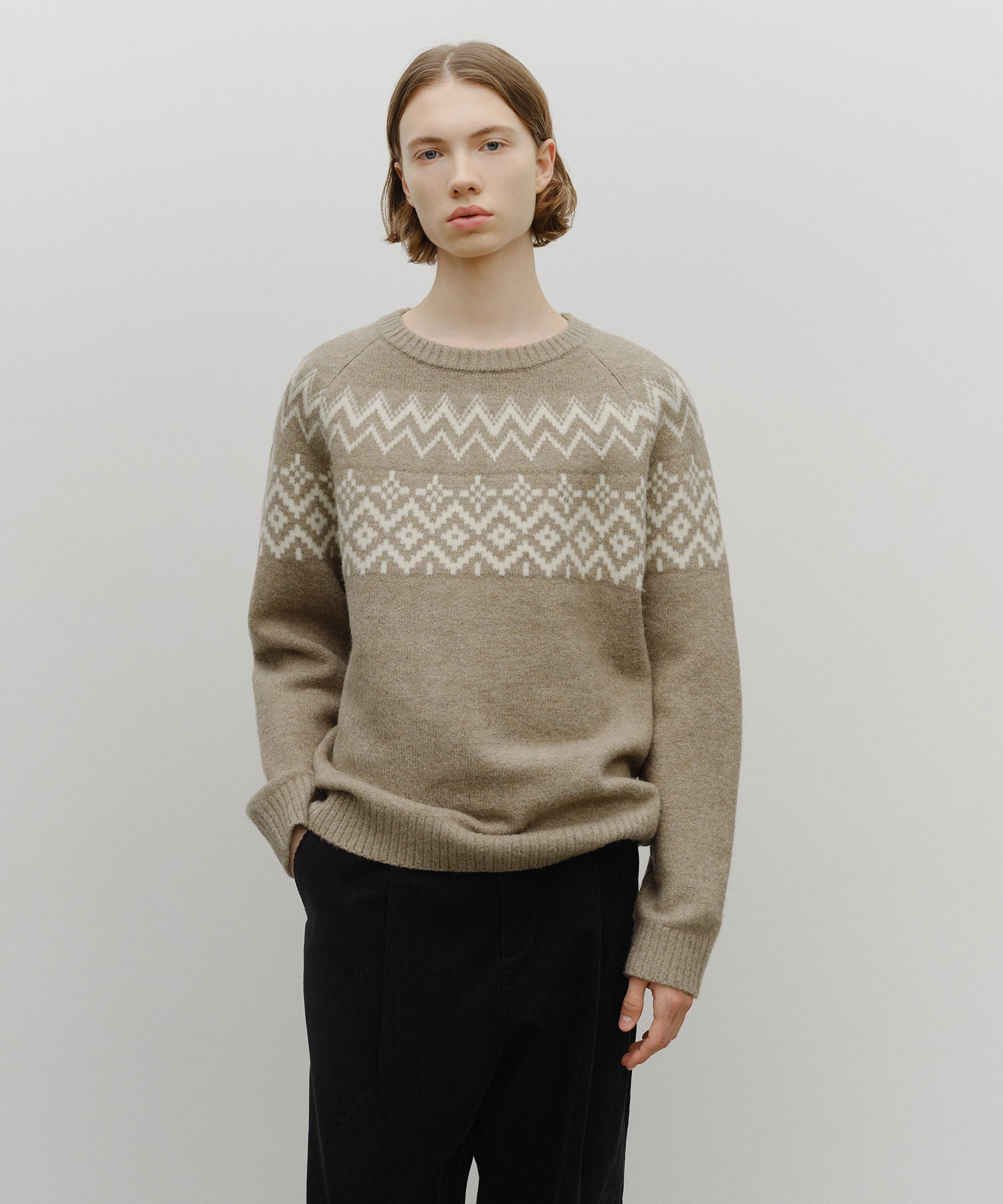 Marithe & Francois Girbaud - Fairisle Crew Neck Knit Pullover (Beige) product image 1 | TRAB K-Fashion Australia