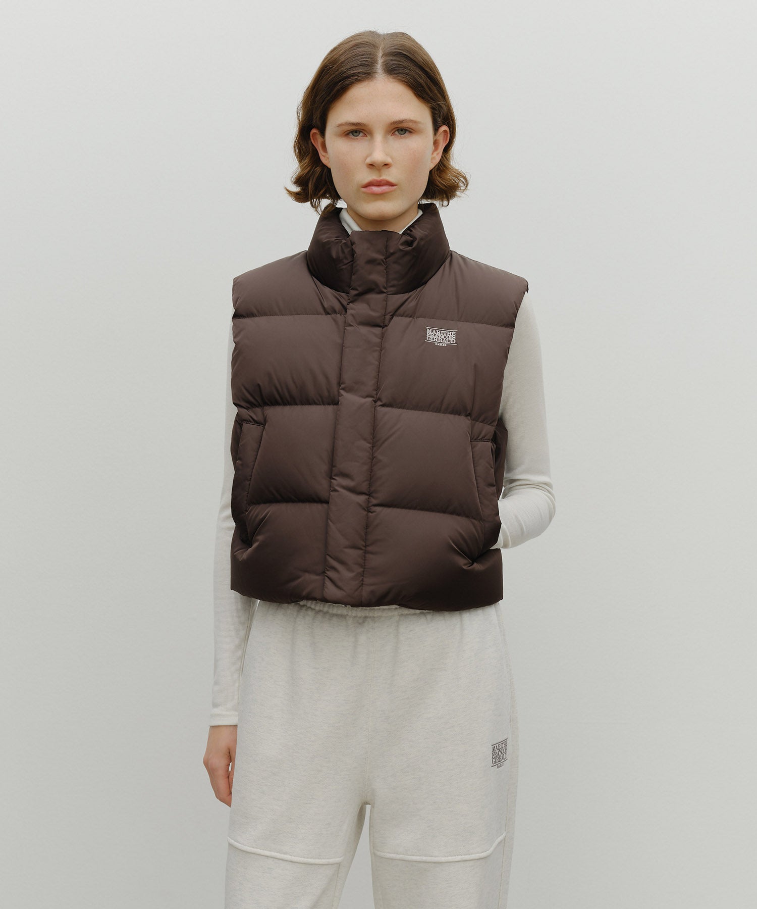 Marithe & Francois Girbaud - Classic Logo Crop Down Vest (Dark Brown) product image 1 | TRAB K-Fashion Australia