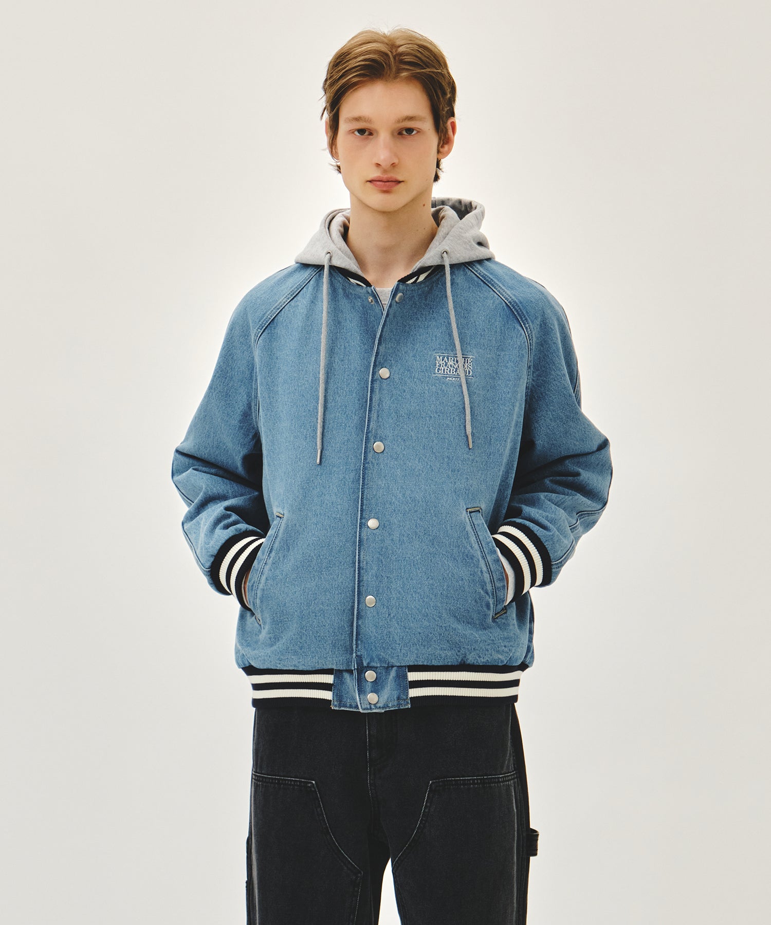 Marithe & Francois Girbaud - Classic Logo Raglan Denim Varsity Jacket (Light Blue) product image 1 | TRAB K-Fashion Australia
