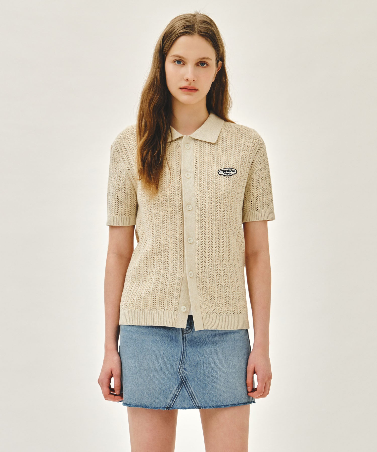 Marithe & Francois Girbaud - Wappen Crochet Half Knit Cardigan (Beige) product image 1 | TRAB K-Fashion Australia