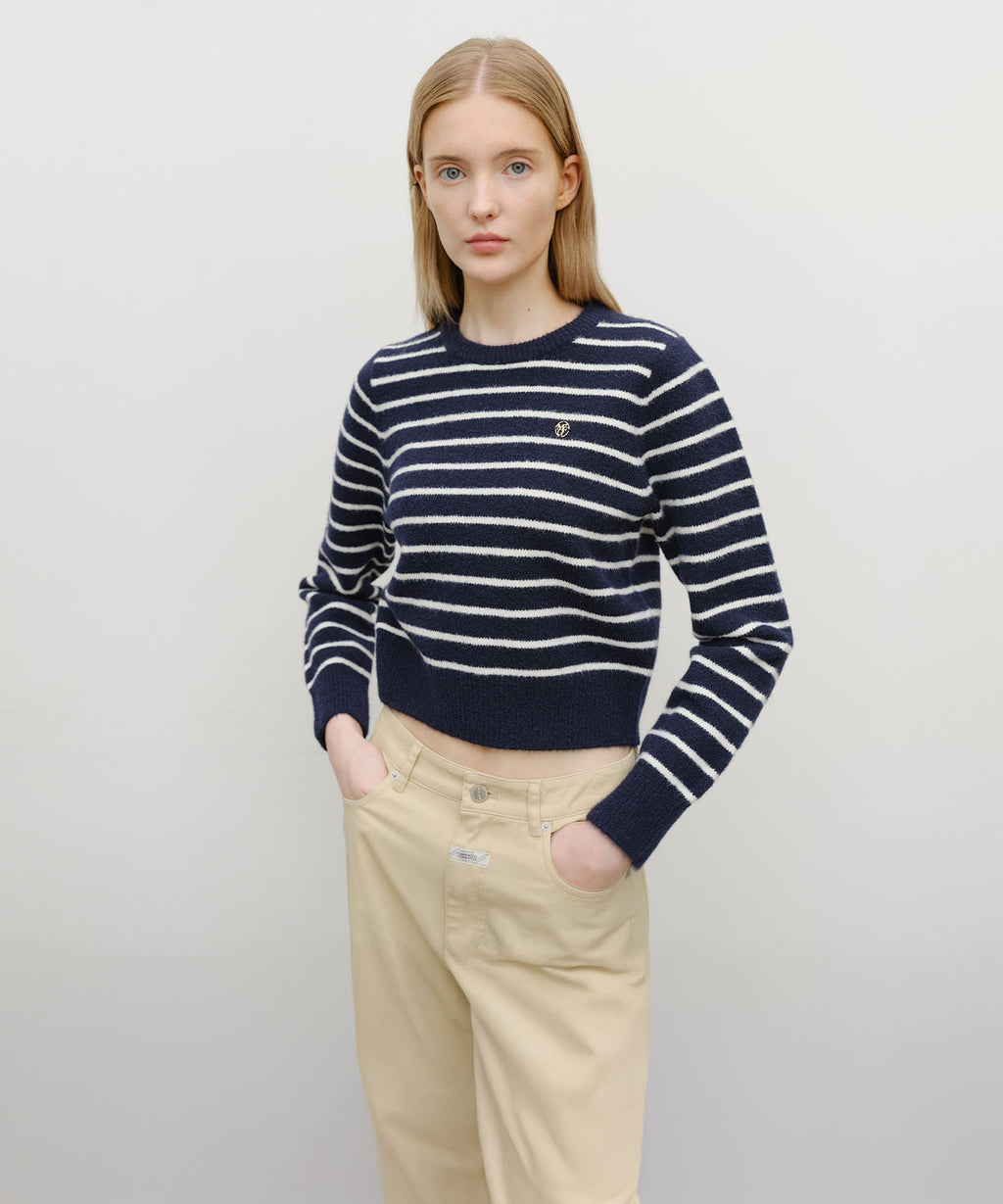 Marithe & Francois Girbaud - Crew Neck Stripe Crop Knit Pullover (Navy) product image 1 | TRAB K-Fashion Australia