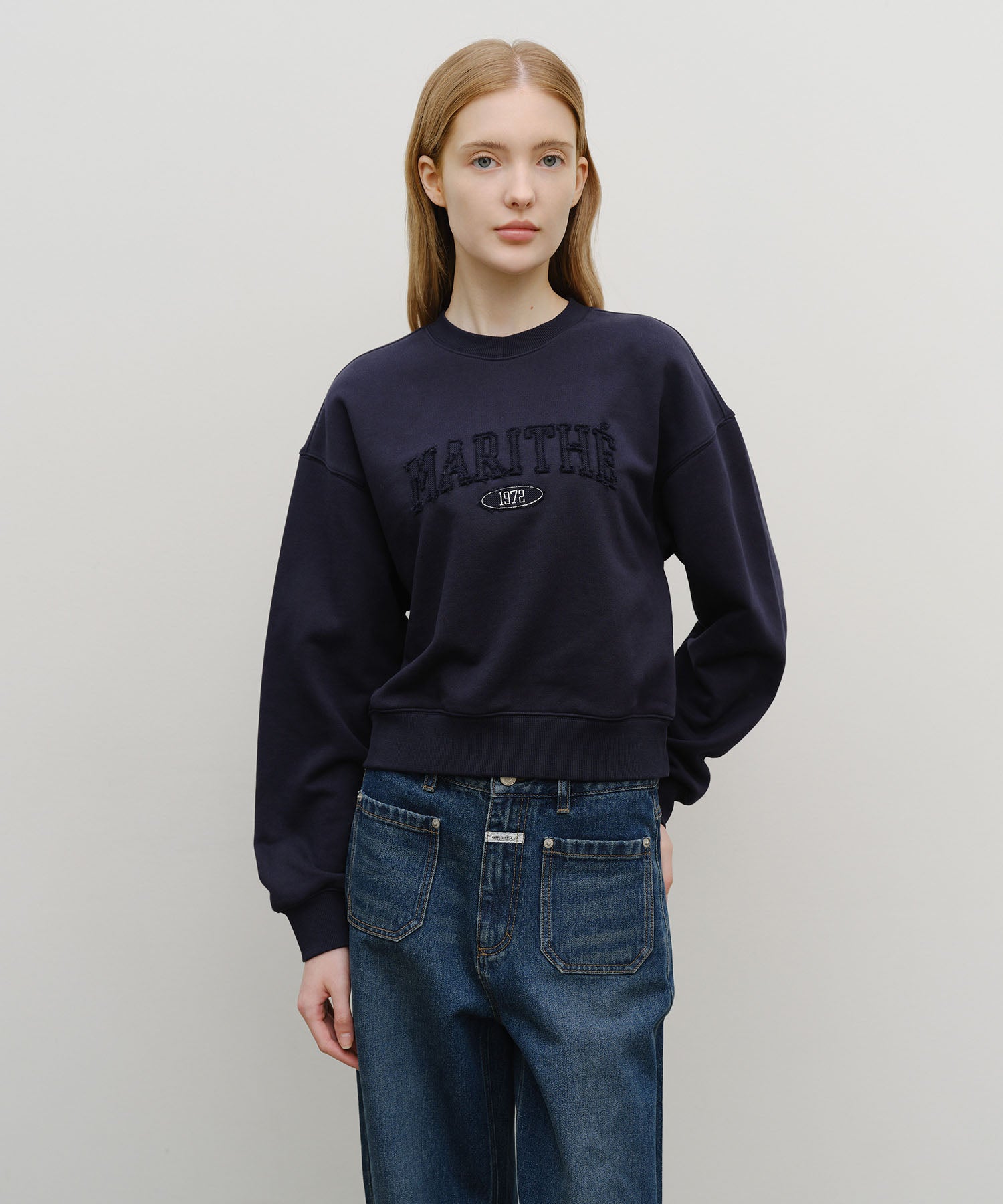 Marithe & Francois Girbaud - Raw Edge Applique Logo Crop Sweatshirt (Navy) product image 1 | TRAB K-Fashion Australia