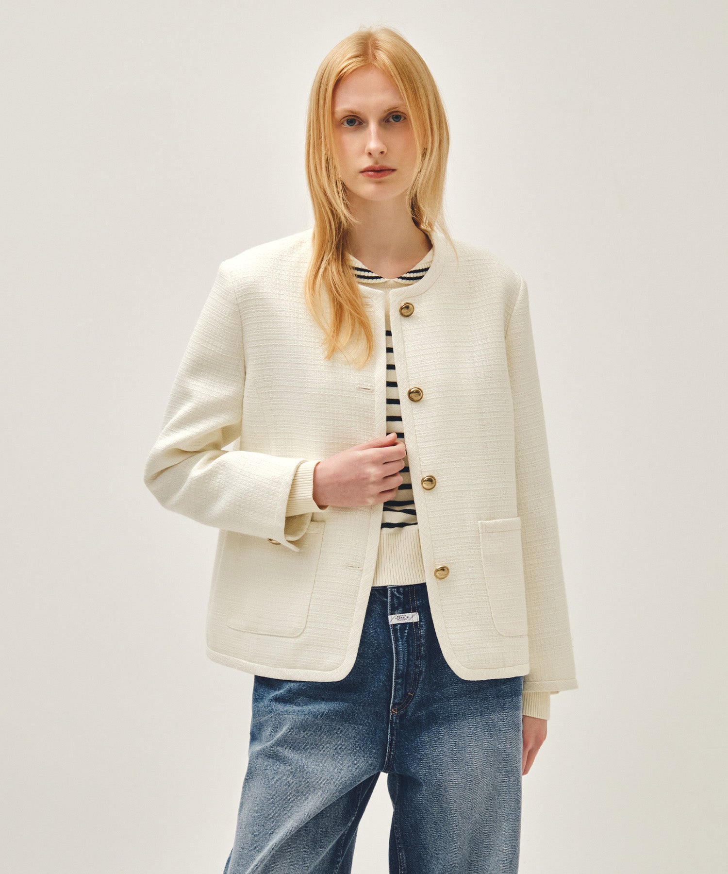 Marithe & Francois Girbaud - Tweed Round Neck Jacket (Ivory) product image 1 | TRAB K-Fashion Australia